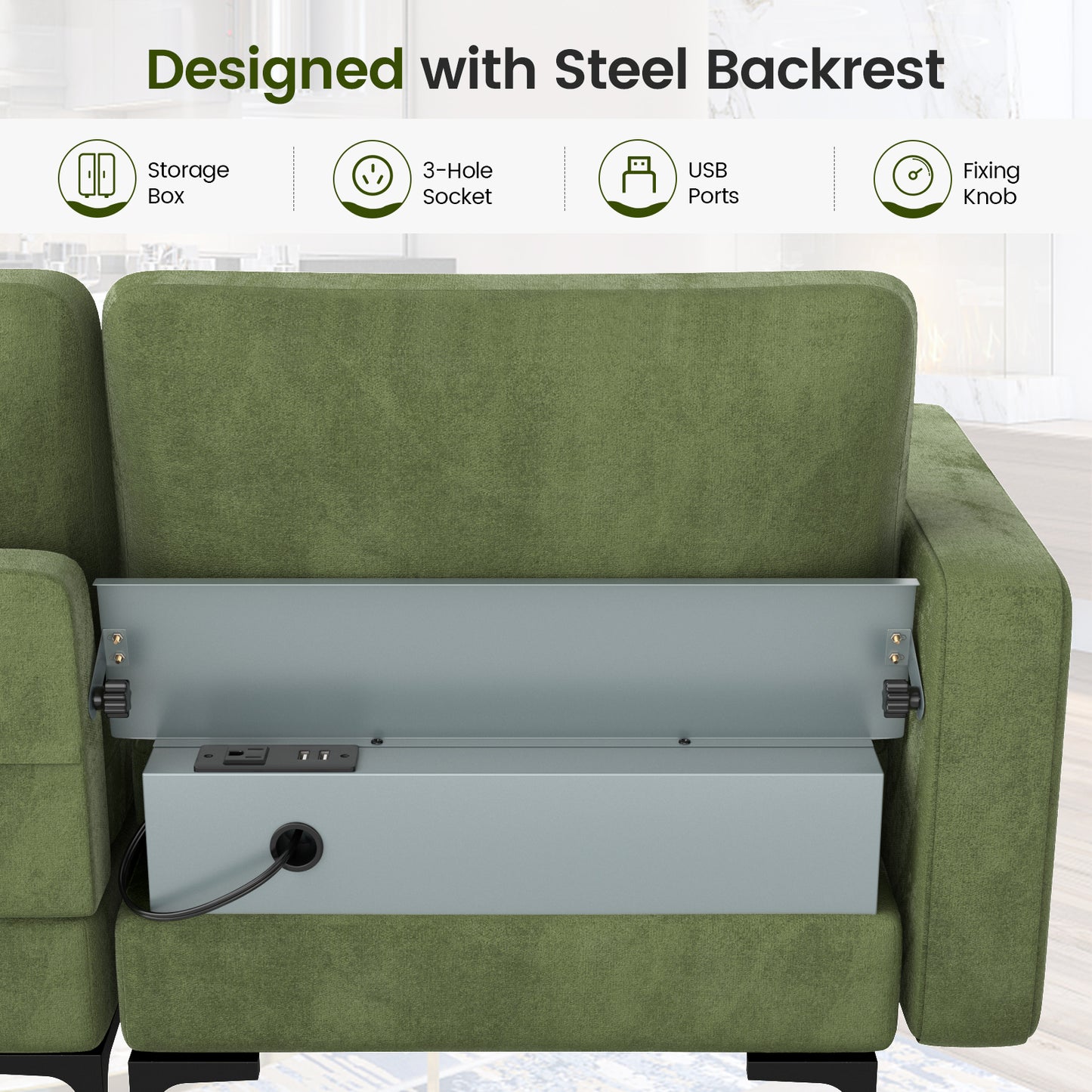 Modular 3-Seat Sofa Couch with USB Ports, Power Outlet and Storage Pocket in Green