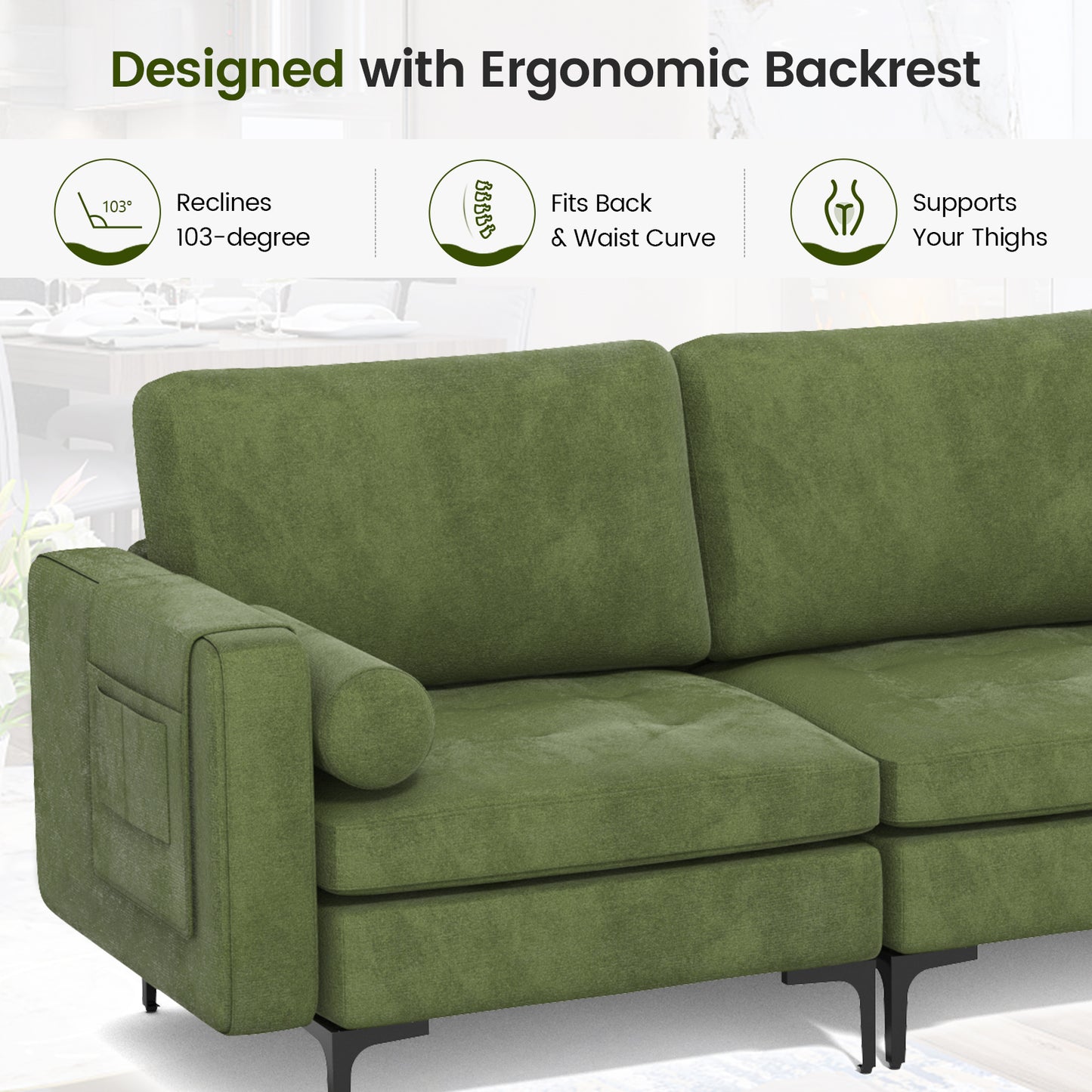 Modular 3-Seat Sofa Couch with USB Ports, Power Outlet and Storage Pocket in Green