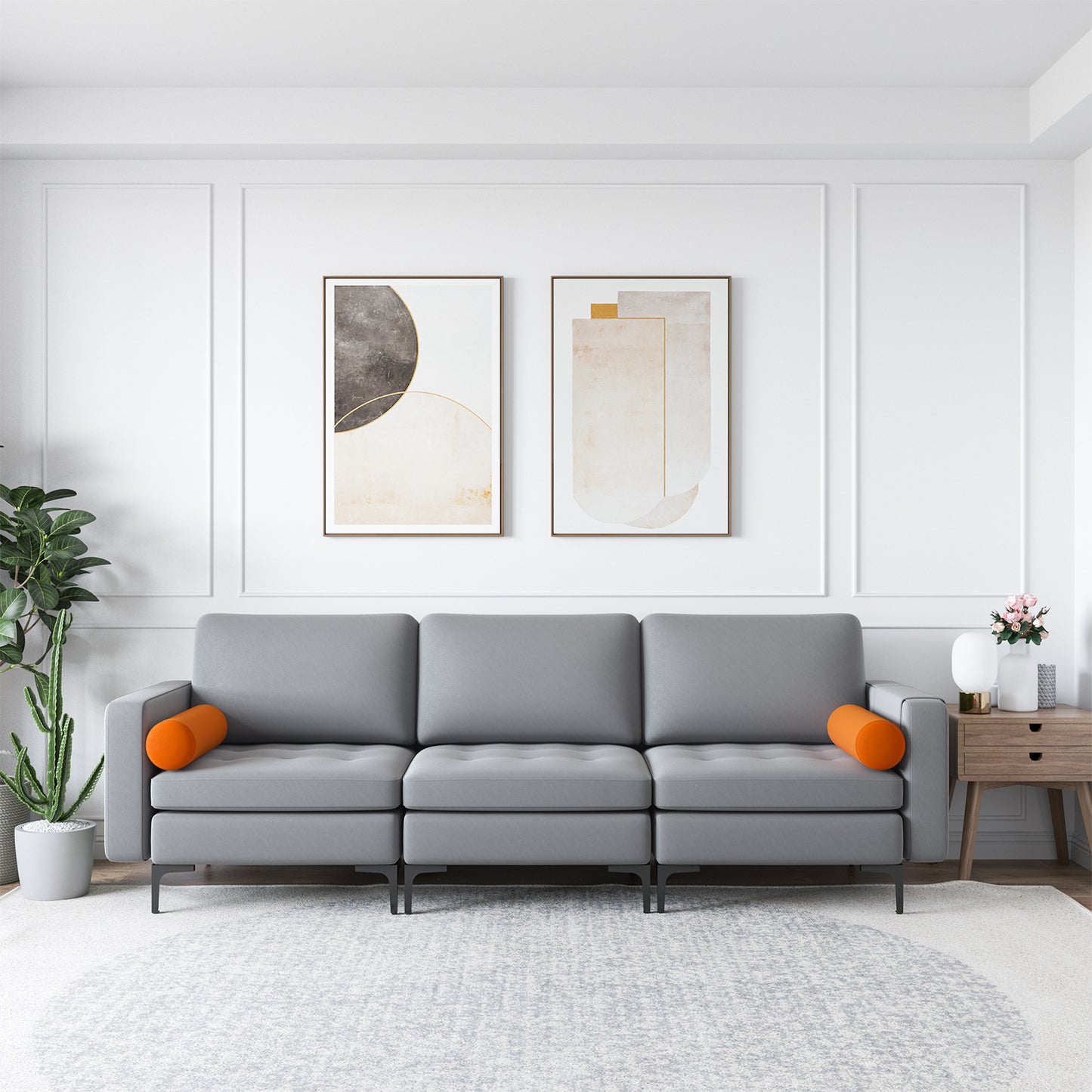Modular 3-Seat Sofa Couch with USB Ports, Power Outlet and Storage Pocket in Grey