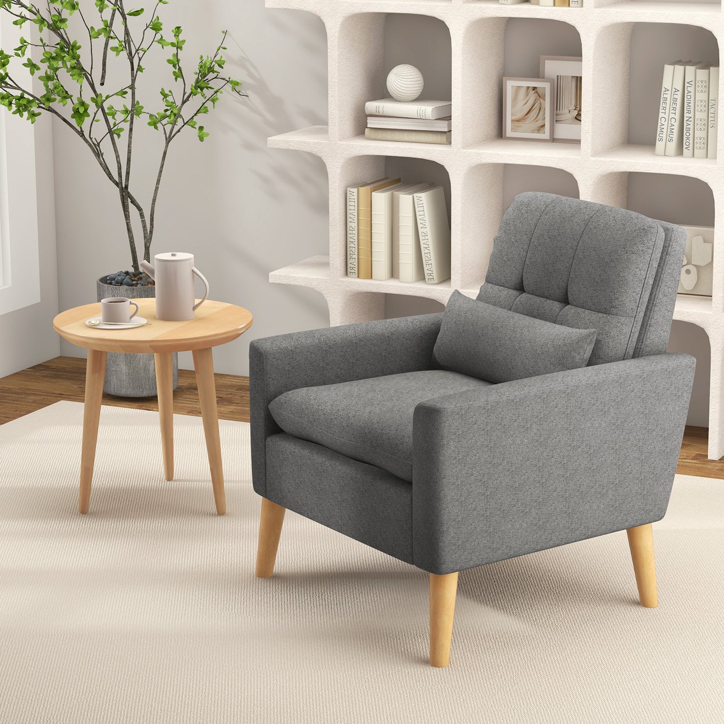 Ergonomic Accent Chair with Lumbar Pillow, Rubber Wood Legs, and Padded Cushions – Grey