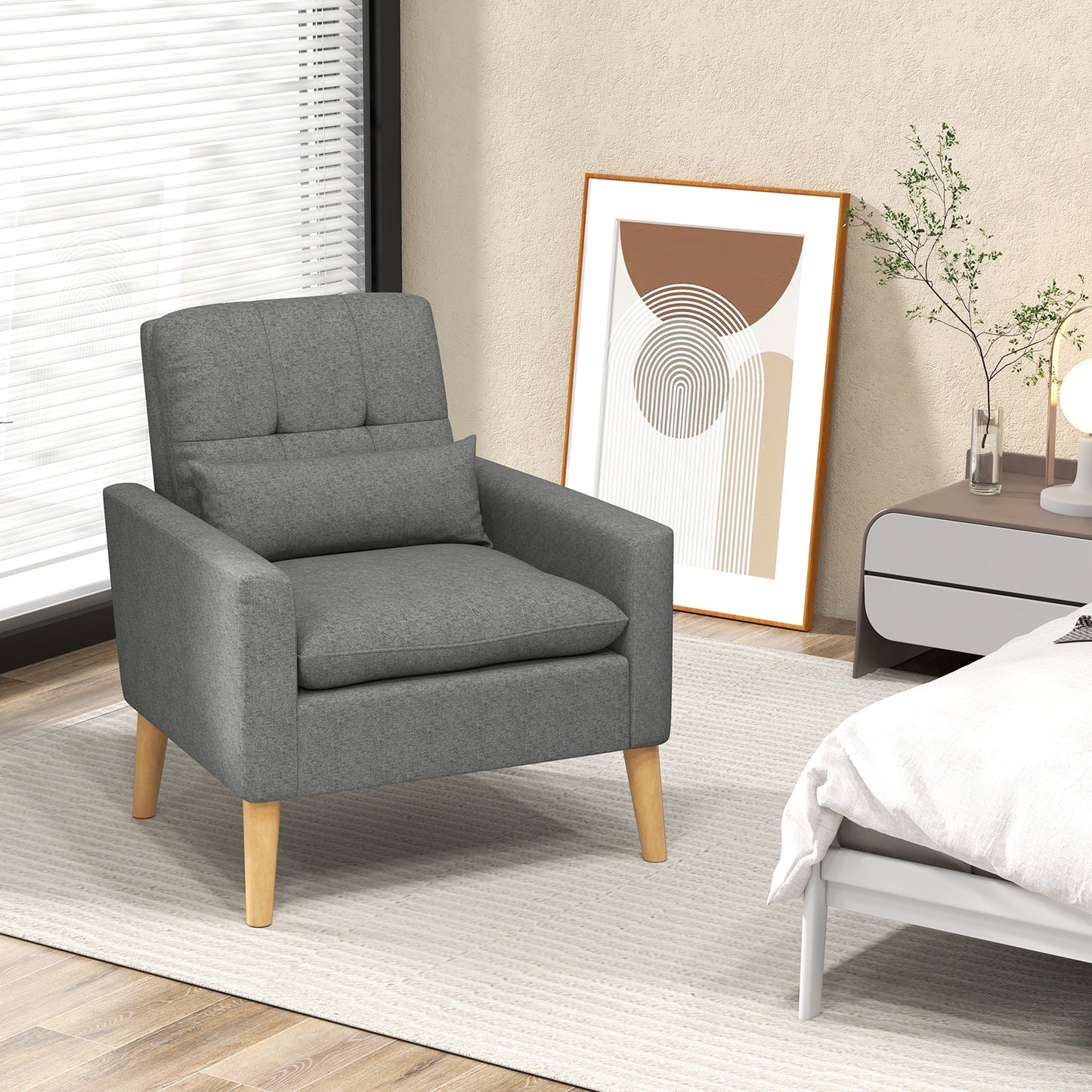 Ergonomic Accent Chair with Lumbar Pillow, Rubber Wood Legs, and Padded Cushions – Grey