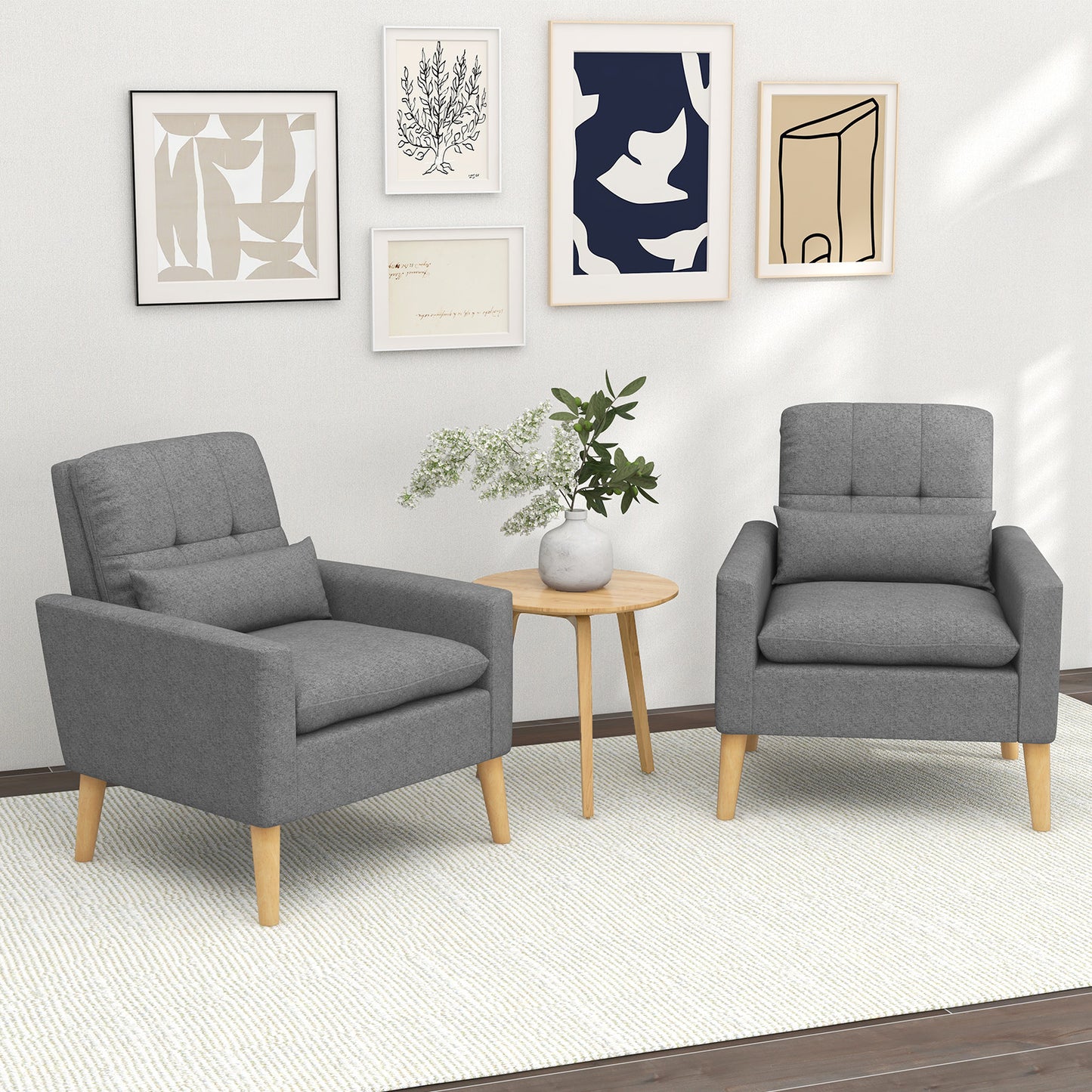 Ergonomic Accent Chair with Lumbar Pillow, Rubber Wood Legs, and Padded Cushions – Grey
