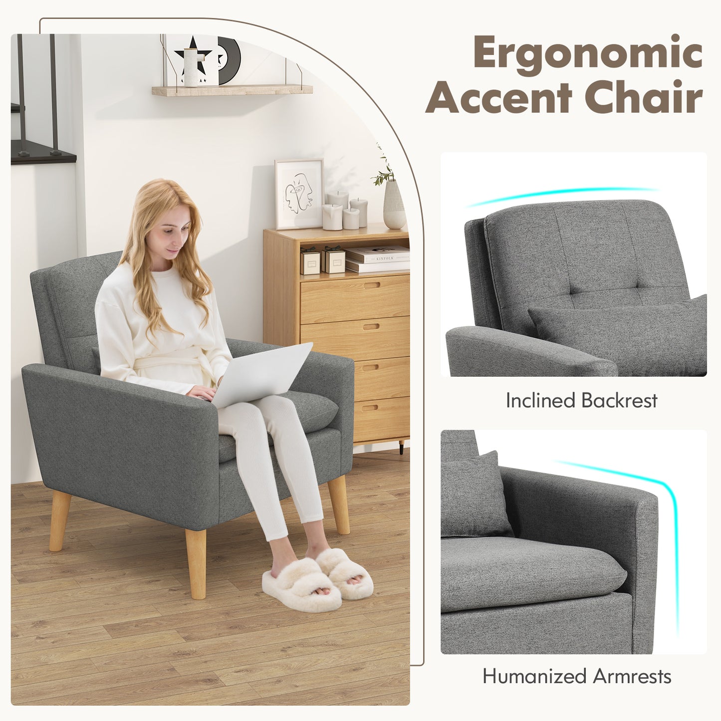 Ergonomic Accent Chair with Lumbar Pillow, Rubber Wood Legs, and Padded Cushions – Grey