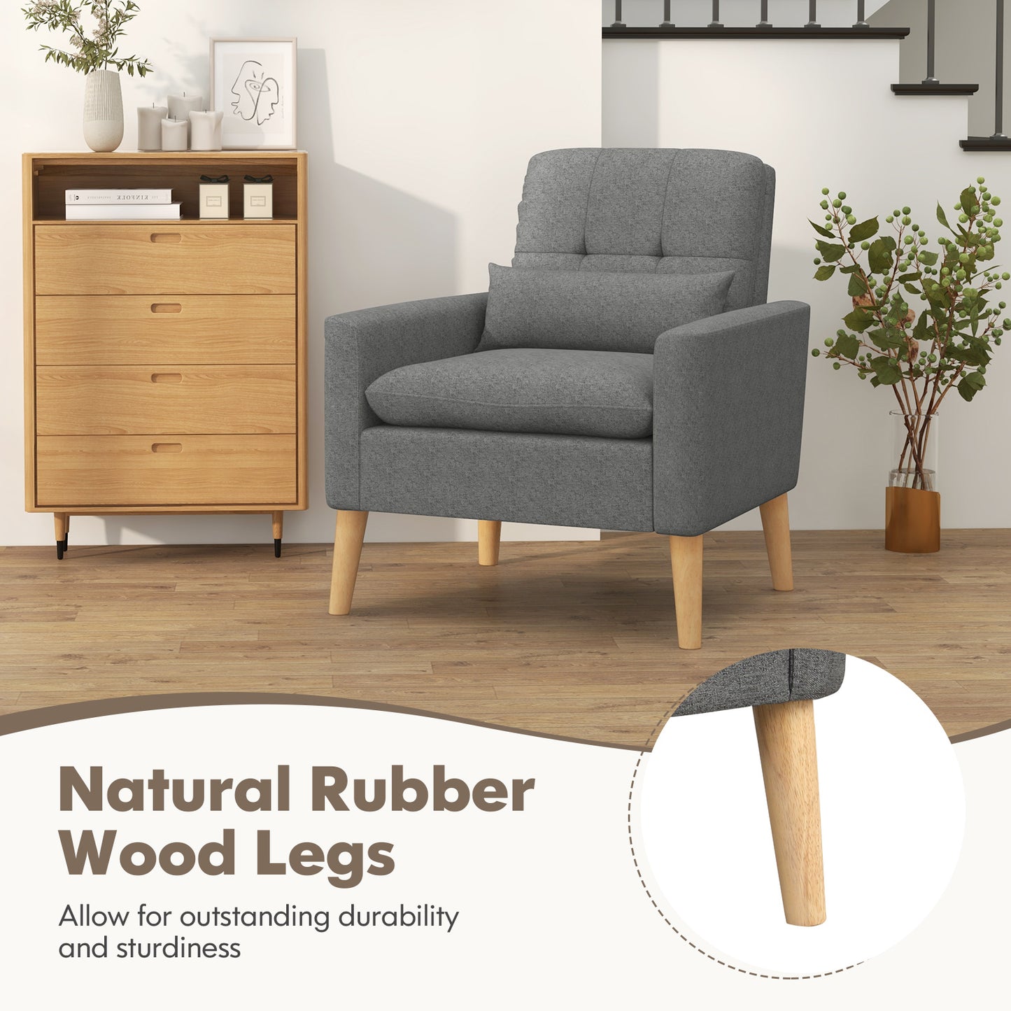 Ergonomic Accent Chair with Lumbar Pillow, Rubber Wood Legs, and Padded Cushions – Grey