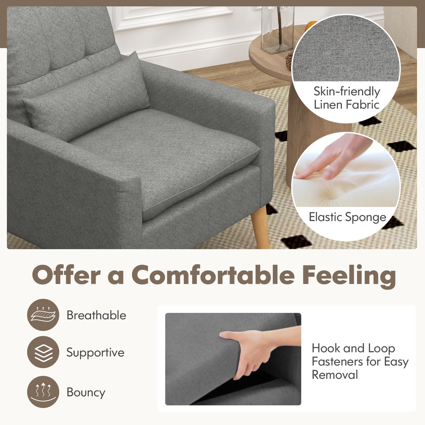Ergonomic Accent Chair with Lumbar Pillow, Rubber Wood Legs, and Padded Cushions – Grey