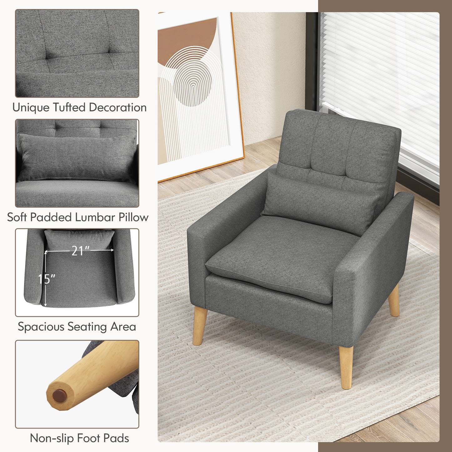 Ergonomic Accent Chair with Lumbar Pillow, Rubber Wood Legs, and Padded Cushions – Grey