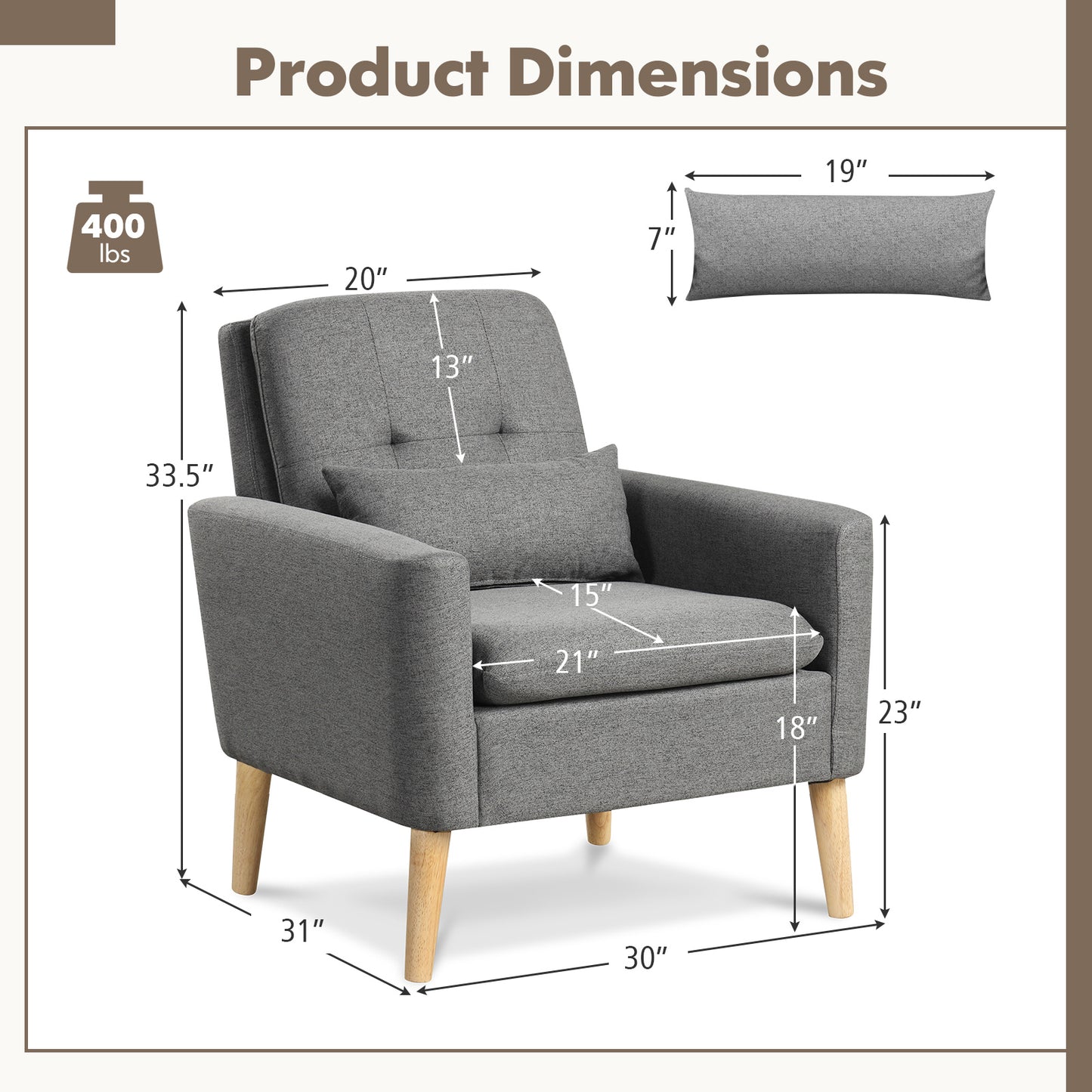 Ergonomic Accent Chair with Lumbar Pillow, Rubber Wood Legs, and Padded Cushions – Grey