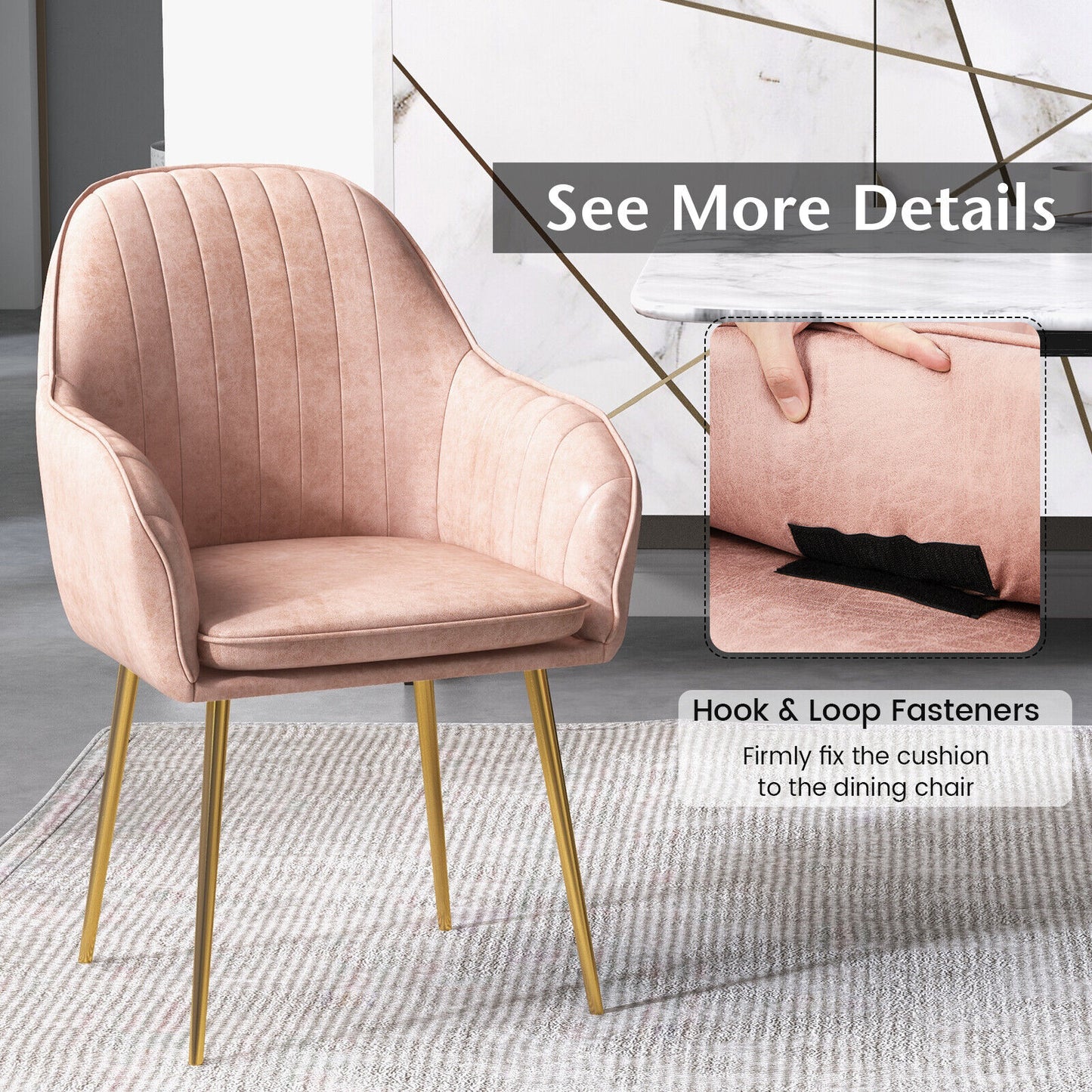Set of 2 Modern Accent Chairs with Removable Cushions and Gold Metal Legs, Pink