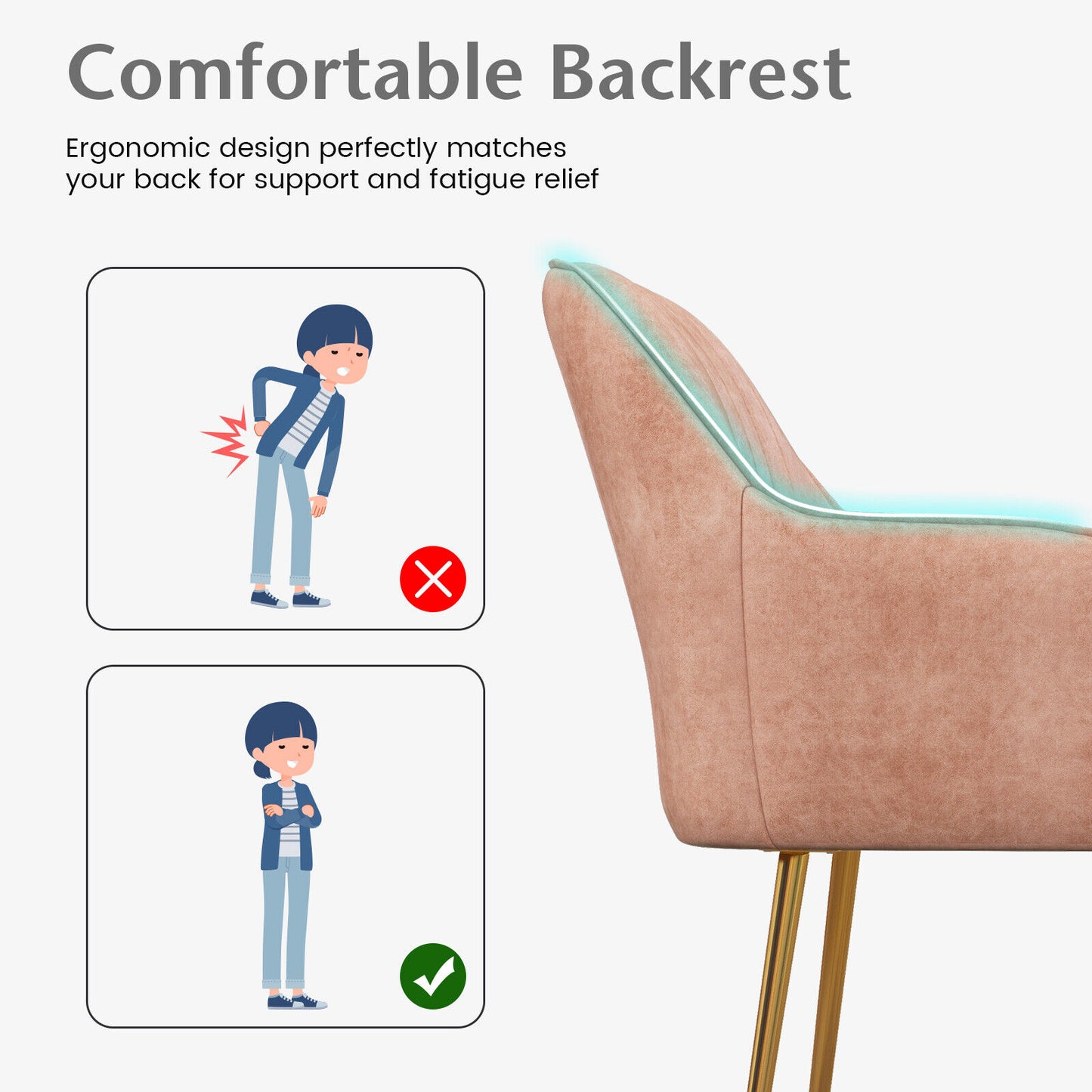 Set of 2 Modern Accent Chairs with Removable Cushions and Gold Metal Legs, Pink