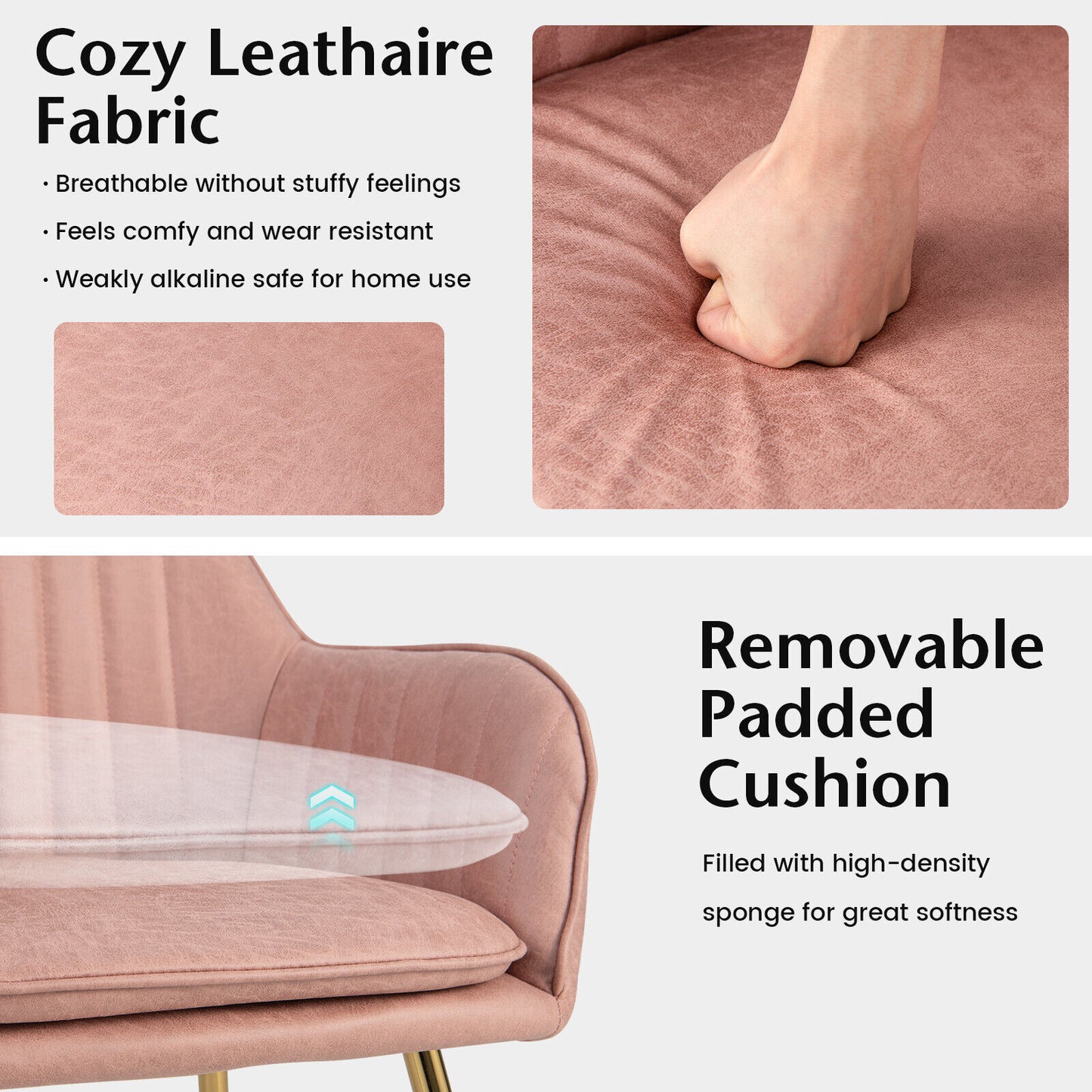 Set of 2 Modern Accent Chairs with Removable Cushions and Gold Metal Legs, Pink
