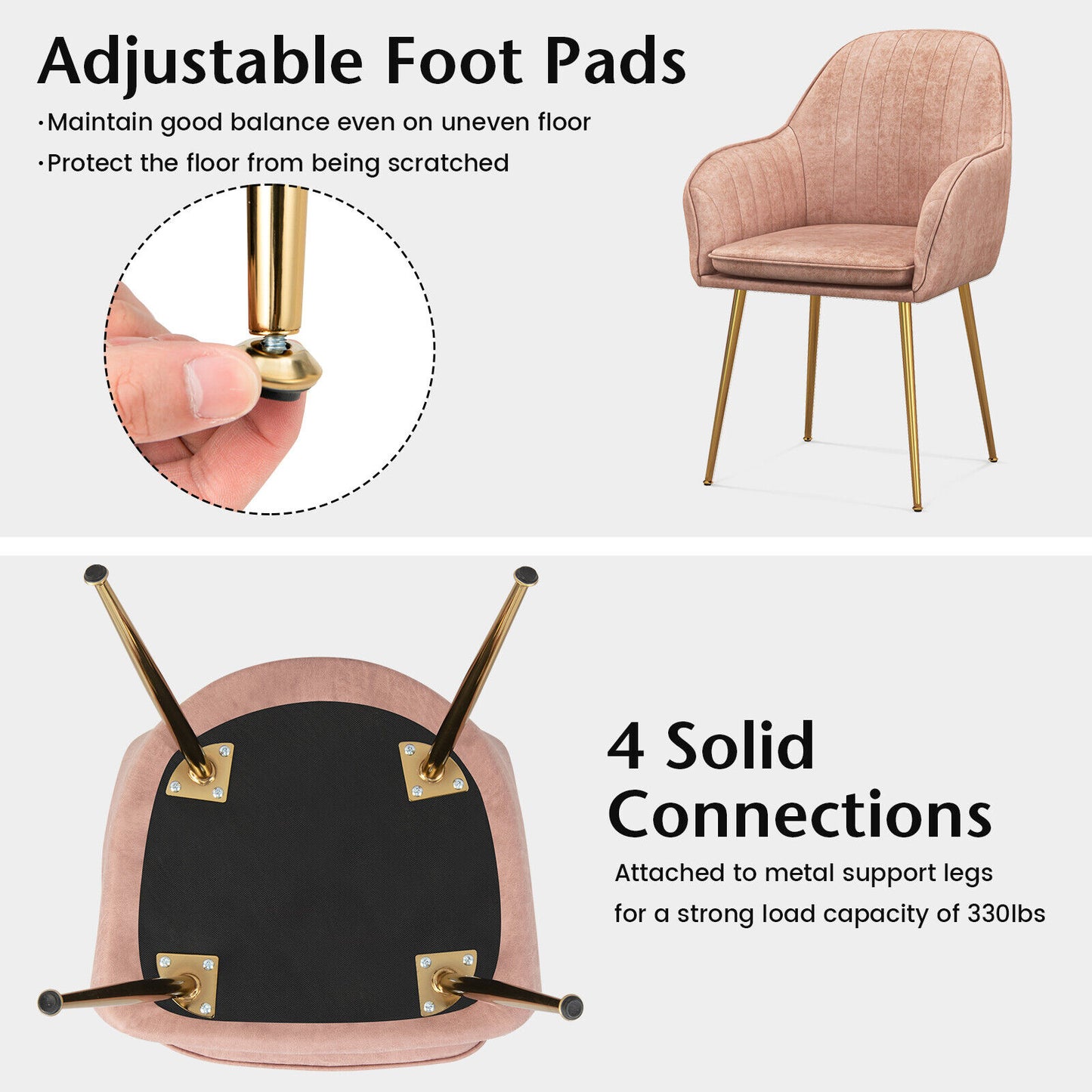 Set of 2 Modern Accent Chairs with Removable Cushions and Gold Metal Legs, Pink
