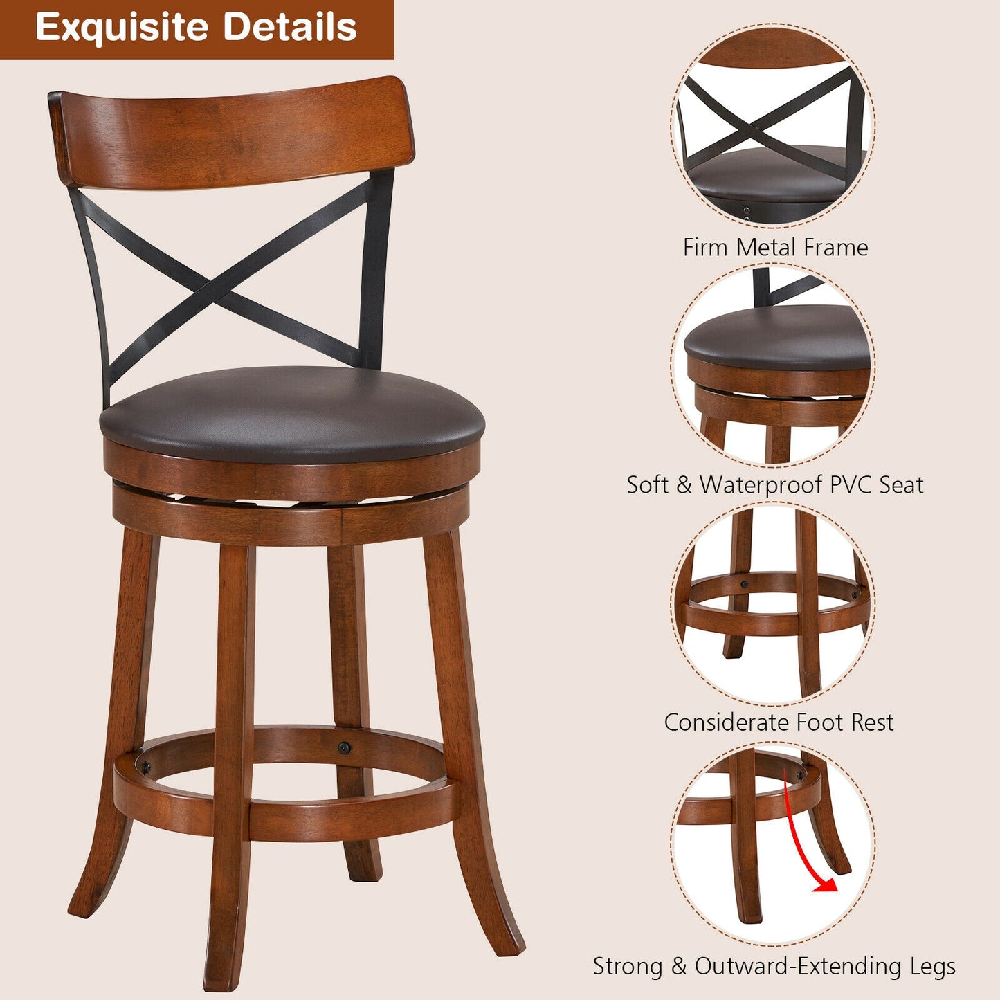 Set of 2 Swivel Bar Stools with Curved Backrest and Solid Rubberwood Legs, 25 Inch Seat Height