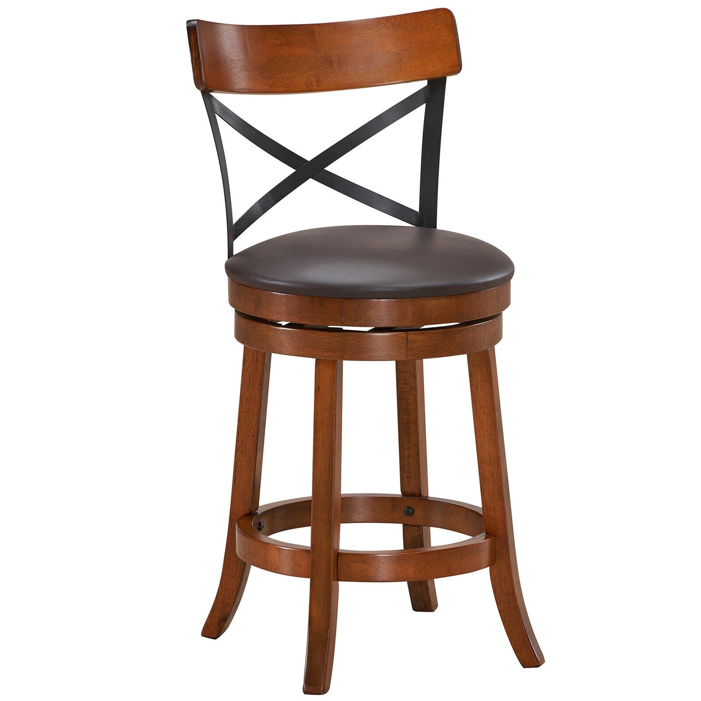 Set of 2 Swivel Bar Stools with Curved Backrest and Solid Rubberwood Legs, 25 Inch Seat Height