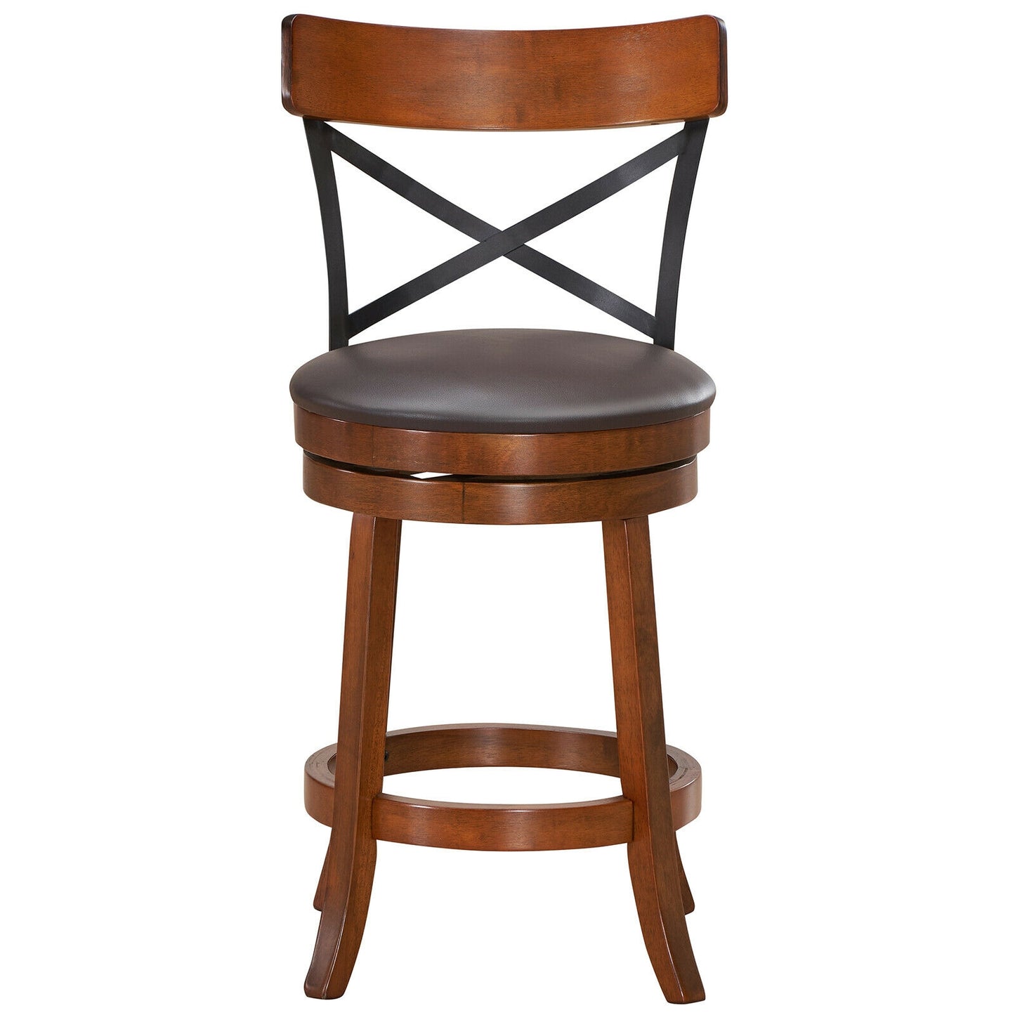 Set of 2 Swivel Bar Stools with Curved Backrest and Solid Rubberwood Legs, 25 Inch Seat Height