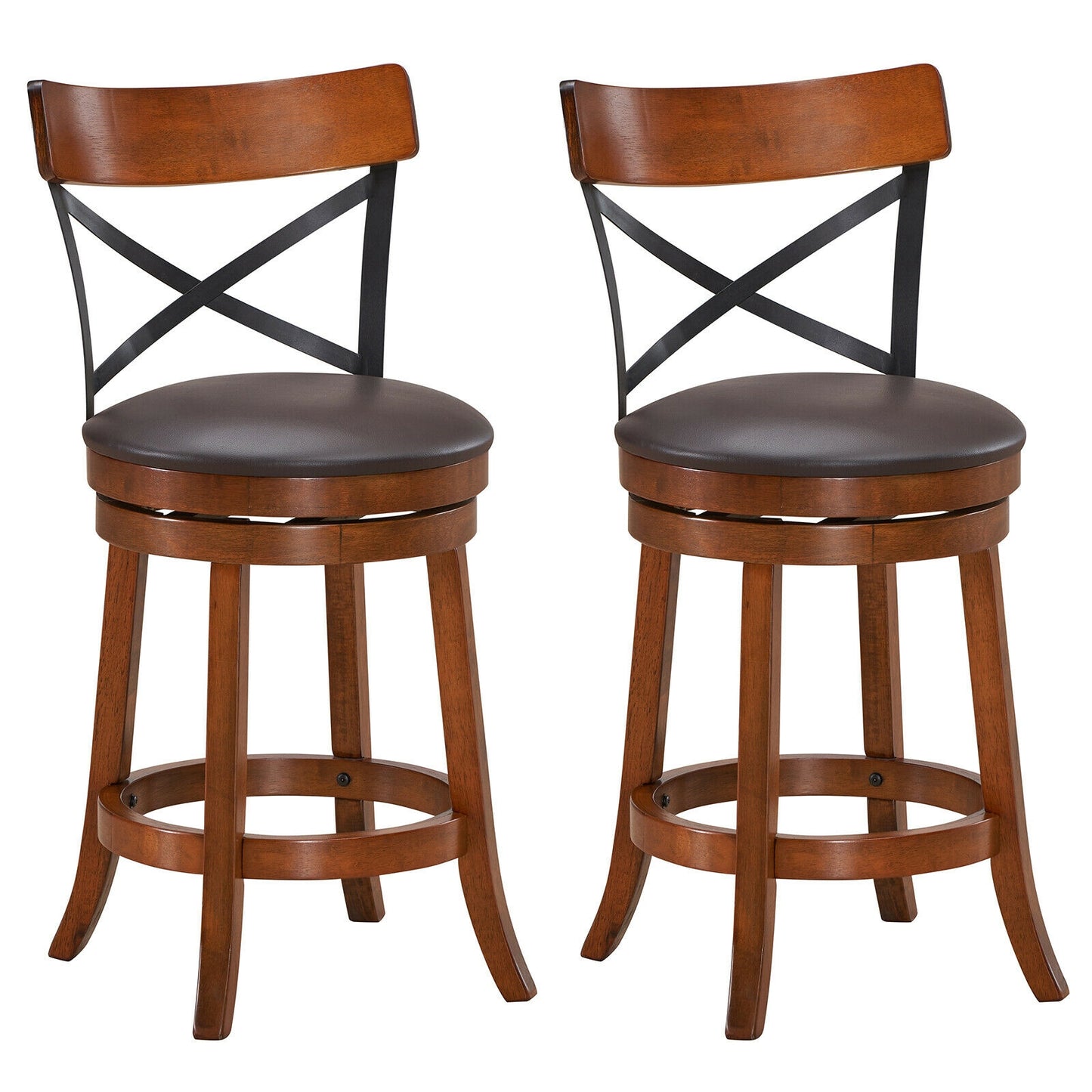 Set of 2 Swivel Bar Stools with Curved Backrest and Solid Rubberwood Legs, 25 Inch Seat Height