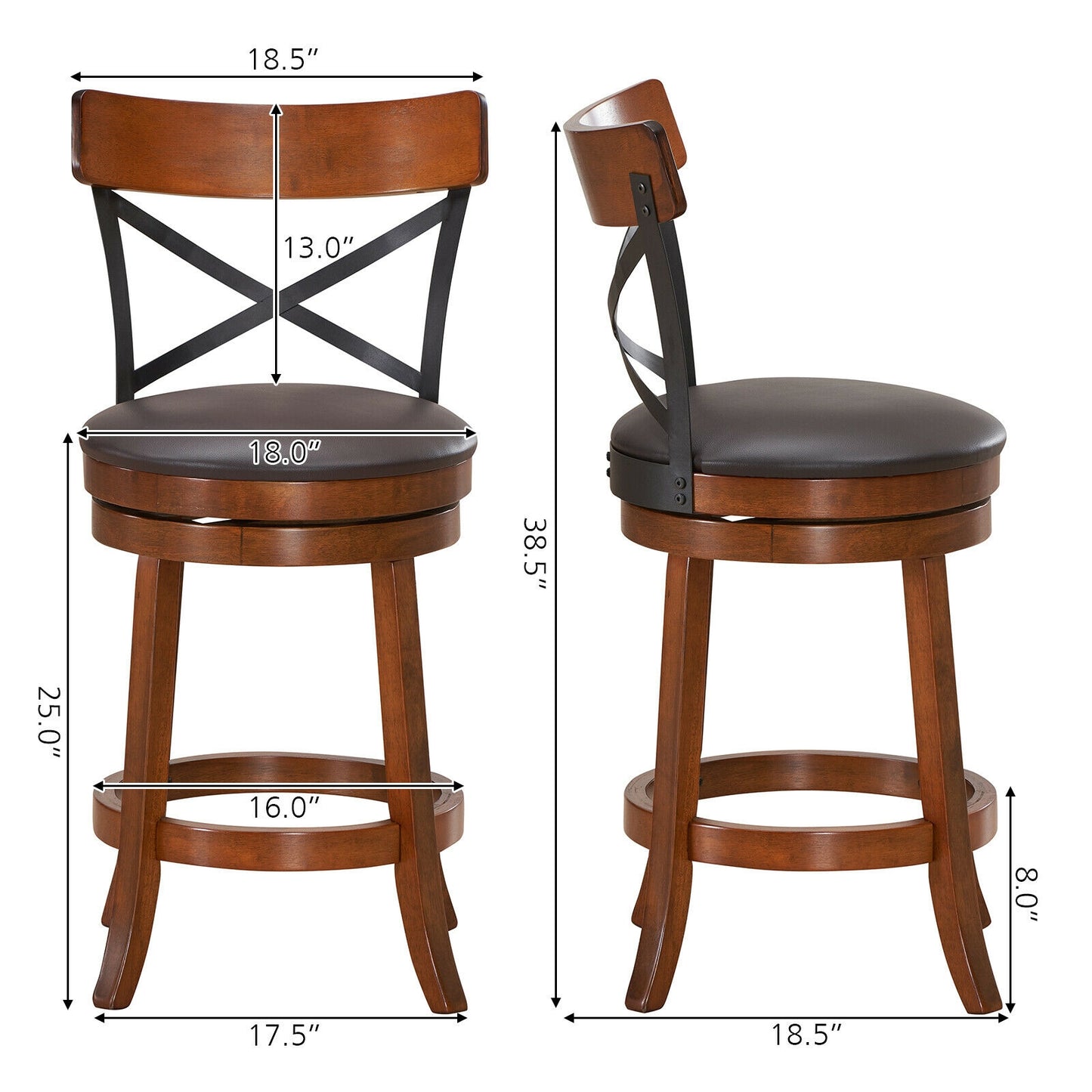 Set of 2 Swivel Bar Stools with Curved Backrest and Solid Rubberwood Legs, 25 Inch Seat Height