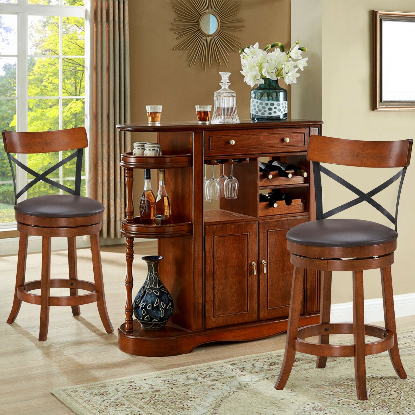 Set of 2 Swivel Bar Stools with Curved Backrest and Solid Rubberwood Legs, 25 Inch Seat Height