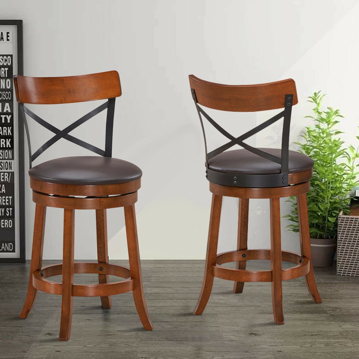 Set of 2 Swivel Bar Stools with Curved Backrest and Solid Rubberwood Legs, 25 Inch Seat Height