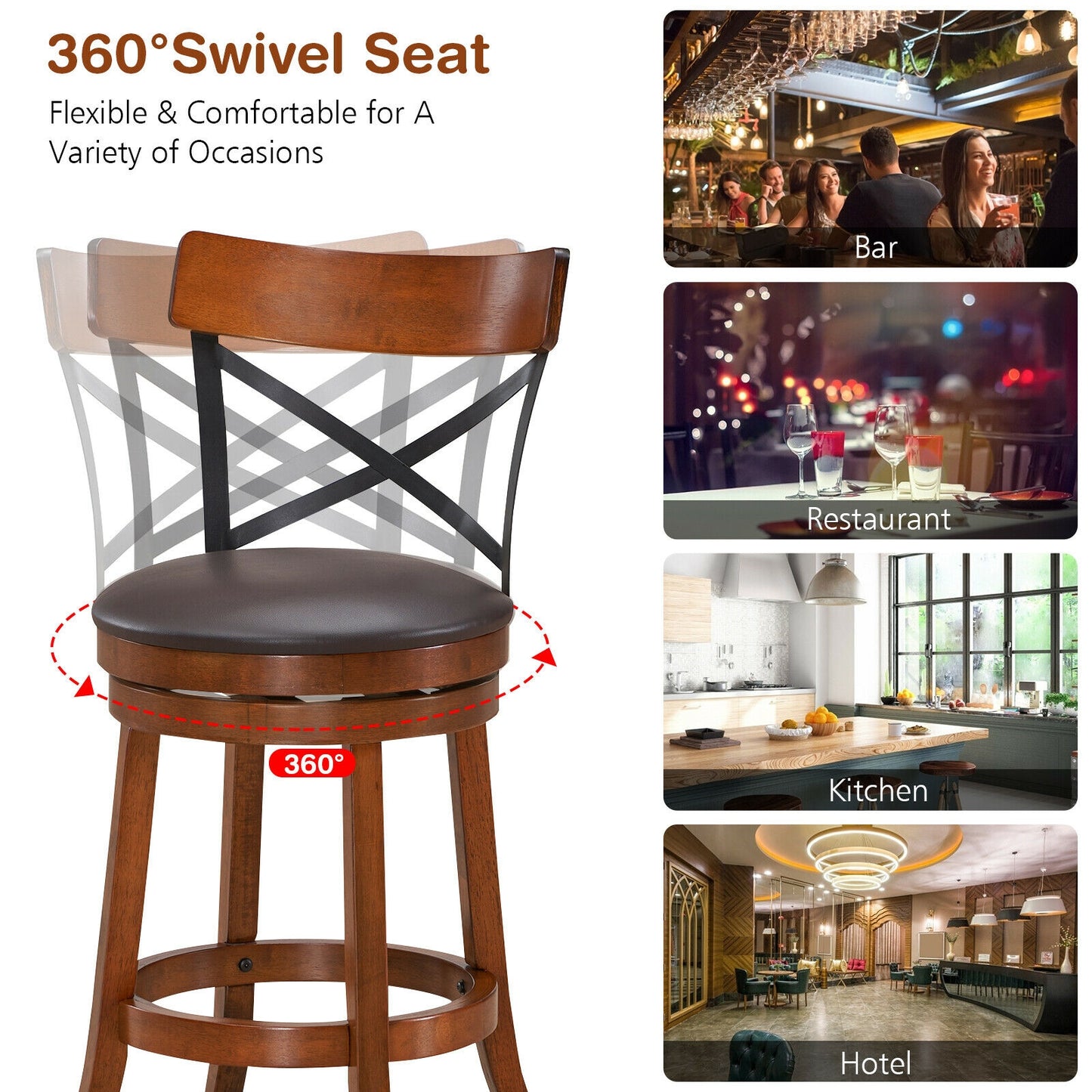 Set of 2 Swivel Bar Stools with Curved Backrest and Solid Rubberwood Legs, 25 Inch Seat Height