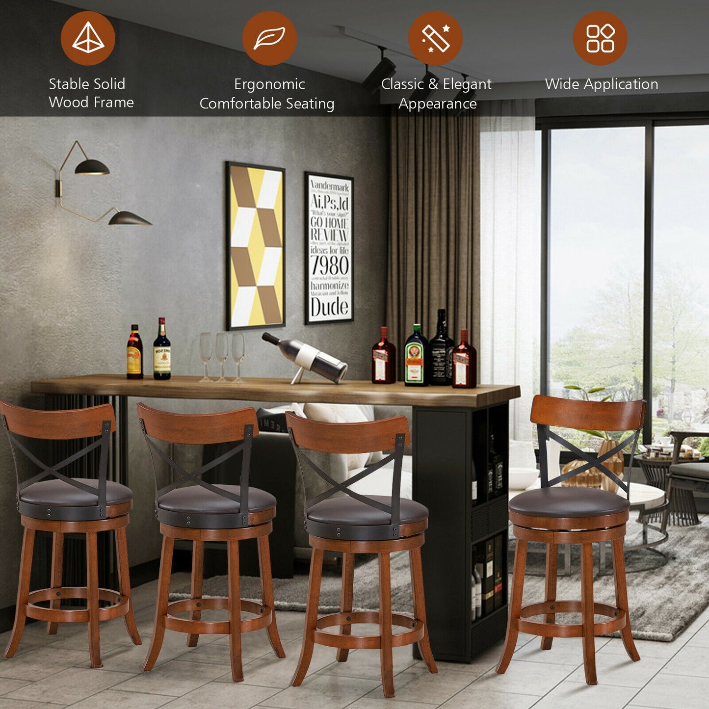 Set of 2 Swivel Bar Stools with Curved Backrest and Solid Rubberwood Legs, 25 Inch Seat Height