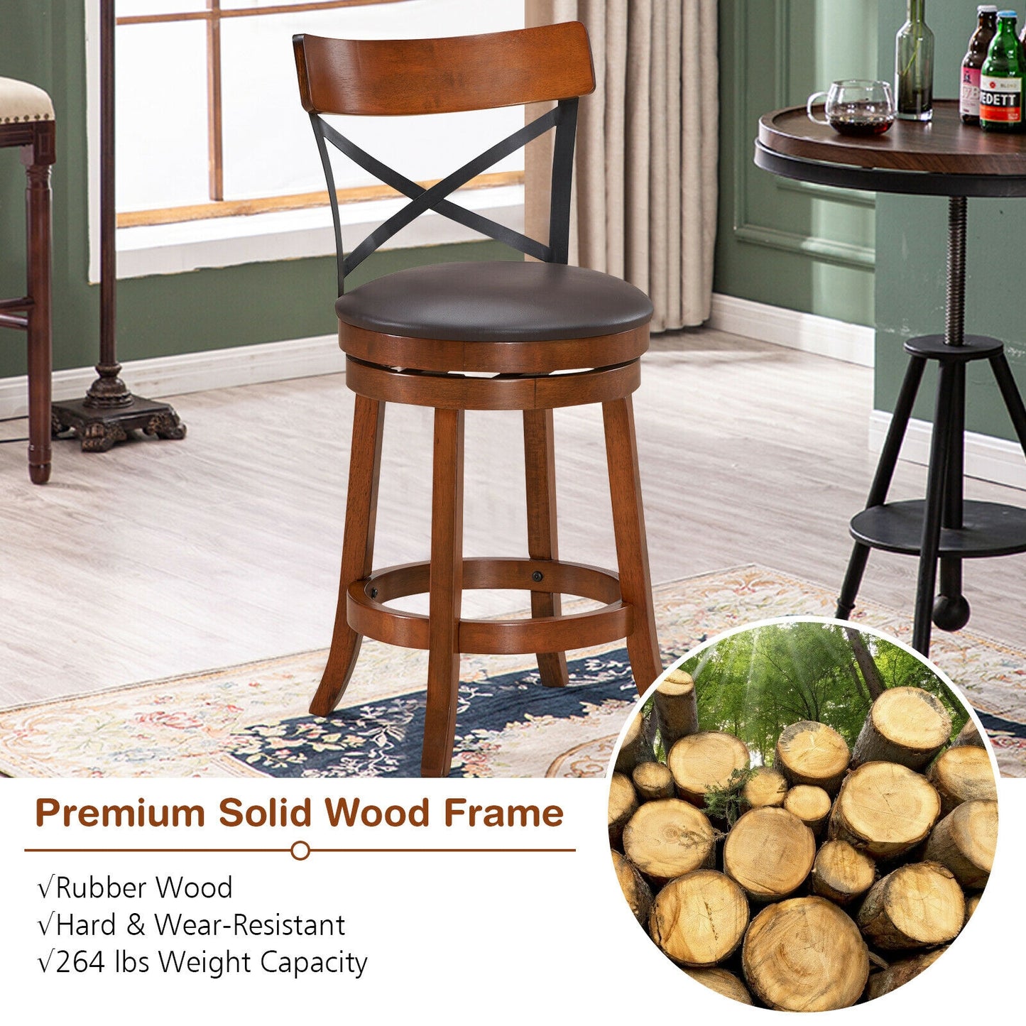 Set of 2 Swivel Bar Stools with Curved Backrest and Solid Rubberwood Legs, 25 Inch Seat Height