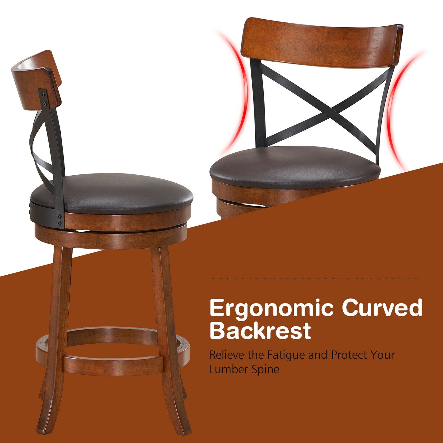 Set of 2 Swivel Bar Stools with Curved Backrest and Solid Rubberwood Legs, 25 Inch Seat Height