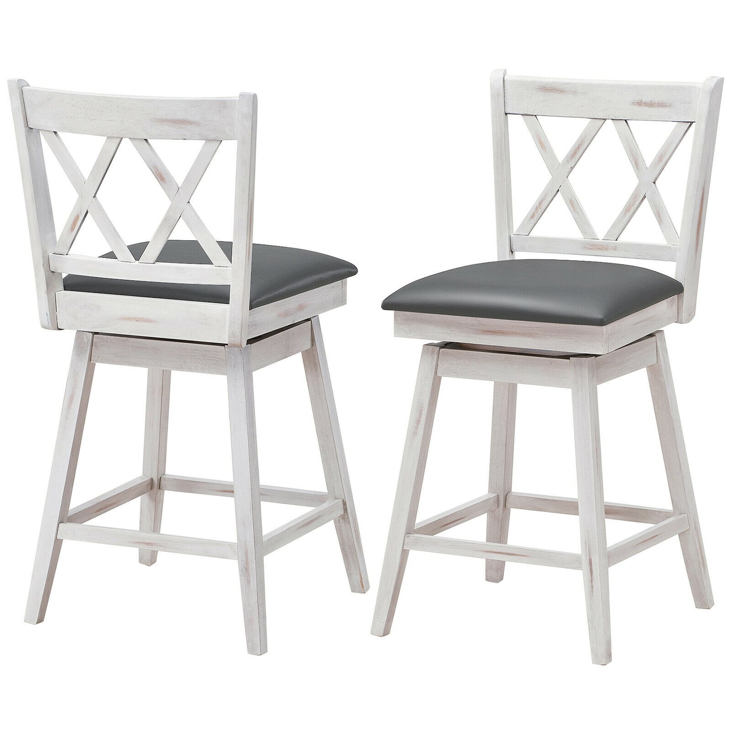 Counter Height Bar Stools Set of 2 with 24 Inch Swivel Seat and White Rubber Wood Frame