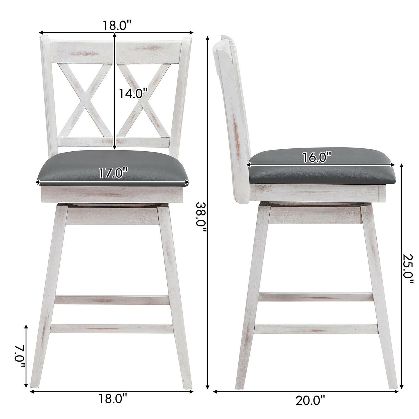 Counter Height Bar Stools Set of 2 with 24 Inch Swivel Seat and White Rubber Wood Frame