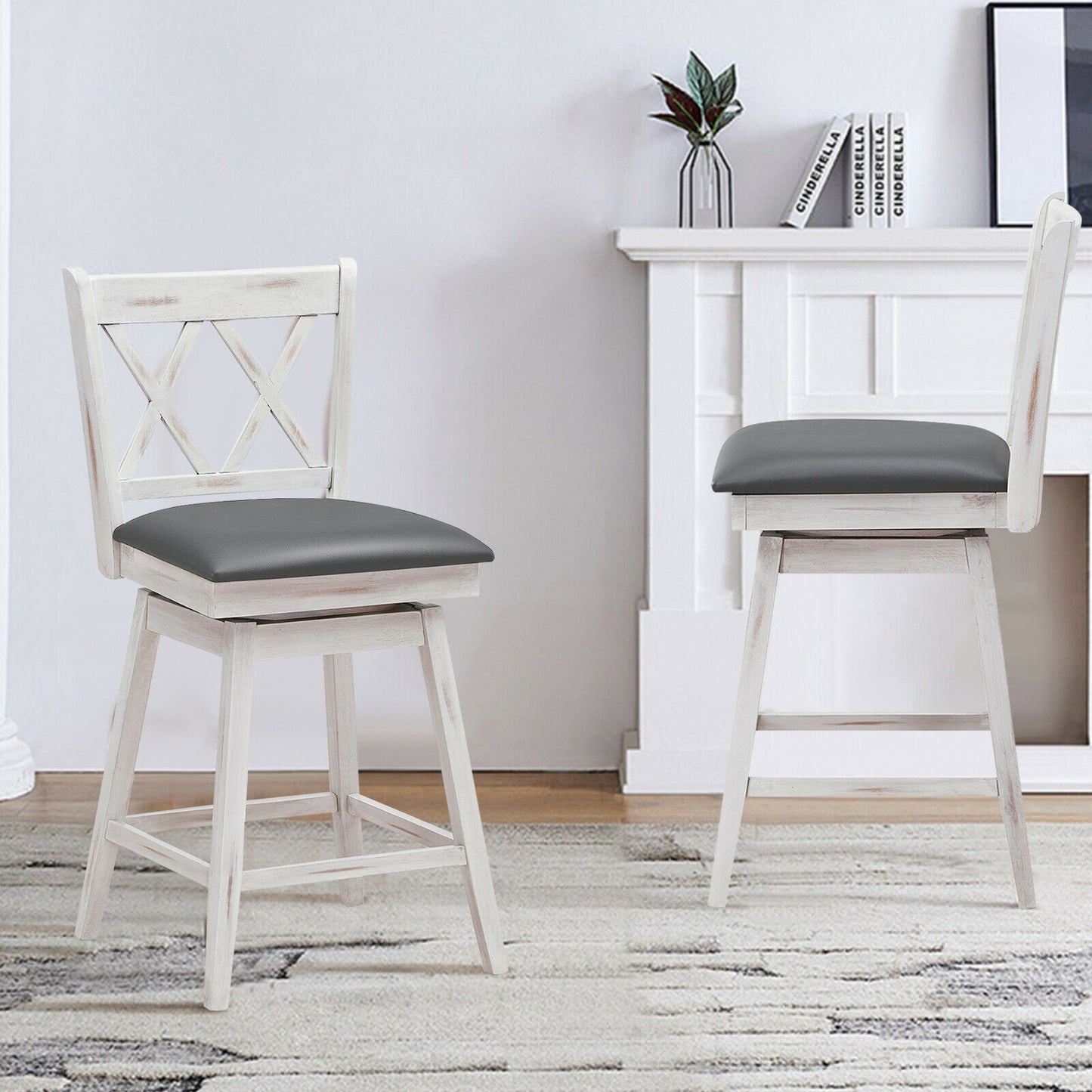 Counter Height Bar Stools Set of 2 with 24 Inch Swivel Seat and White Rubber Wood Frame