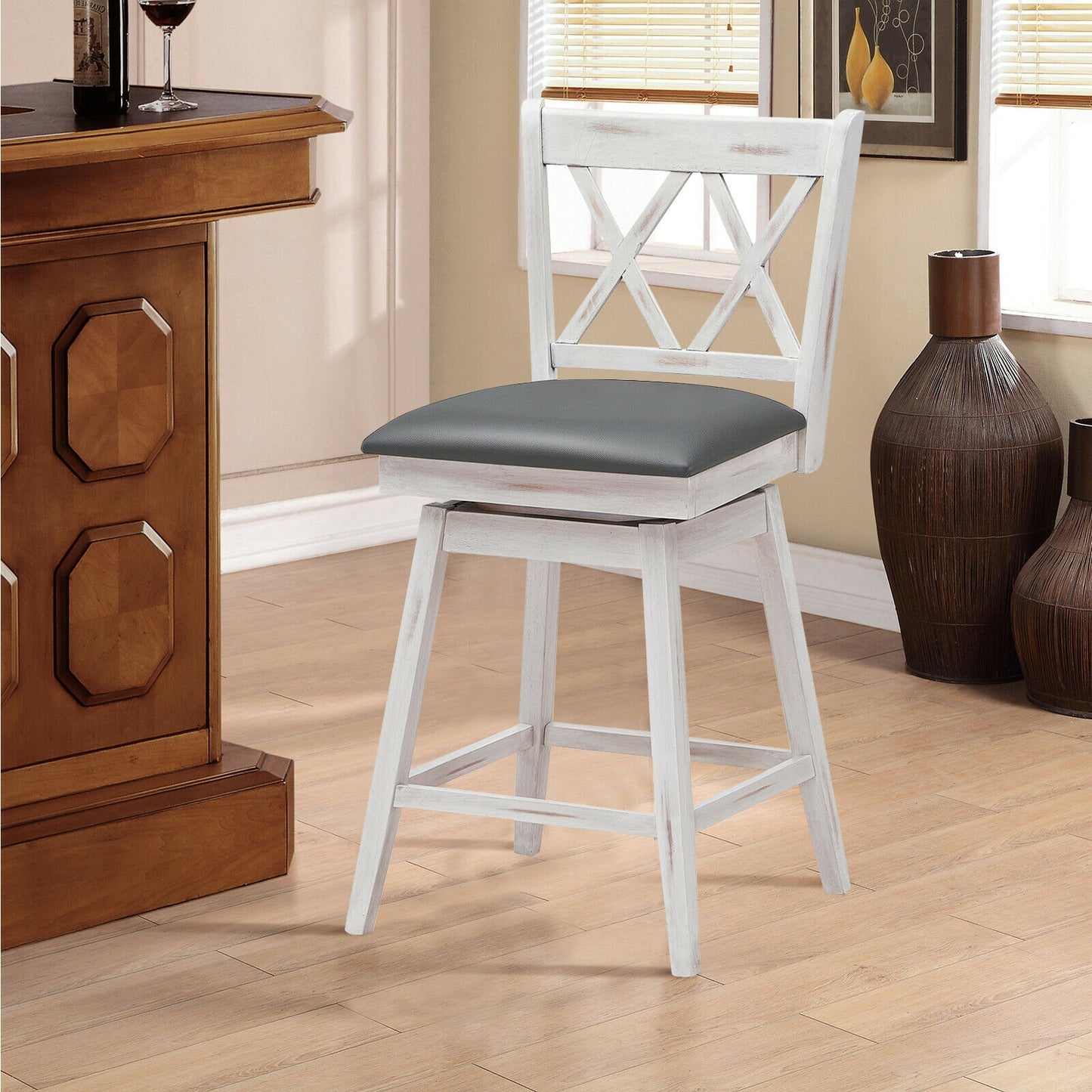 Counter Height Bar Stools Set of 2 with 24 Inch Swivel Seat and White Rubber Wood Frame