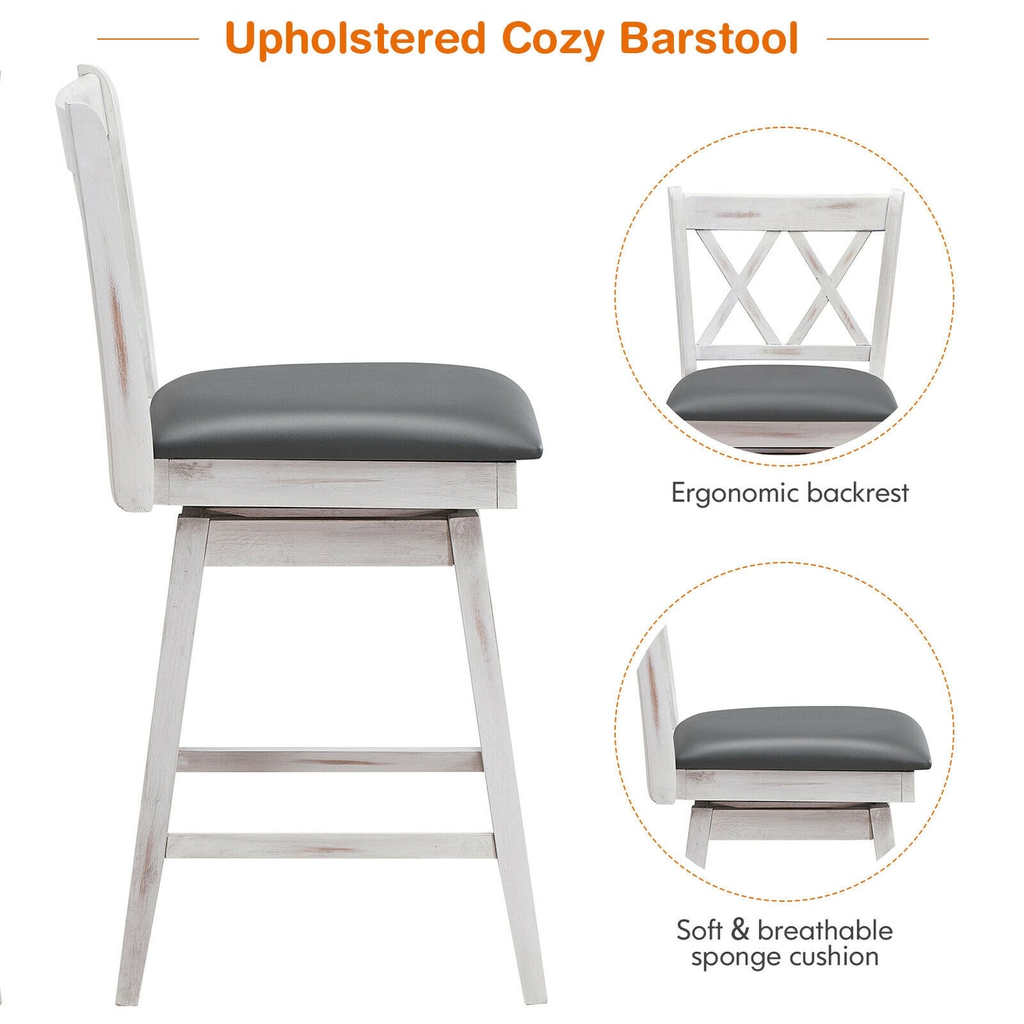 Counter Height Bar Stools Set of 2 with 24 Inch Swivel Seat and White Rubber Wood Frame