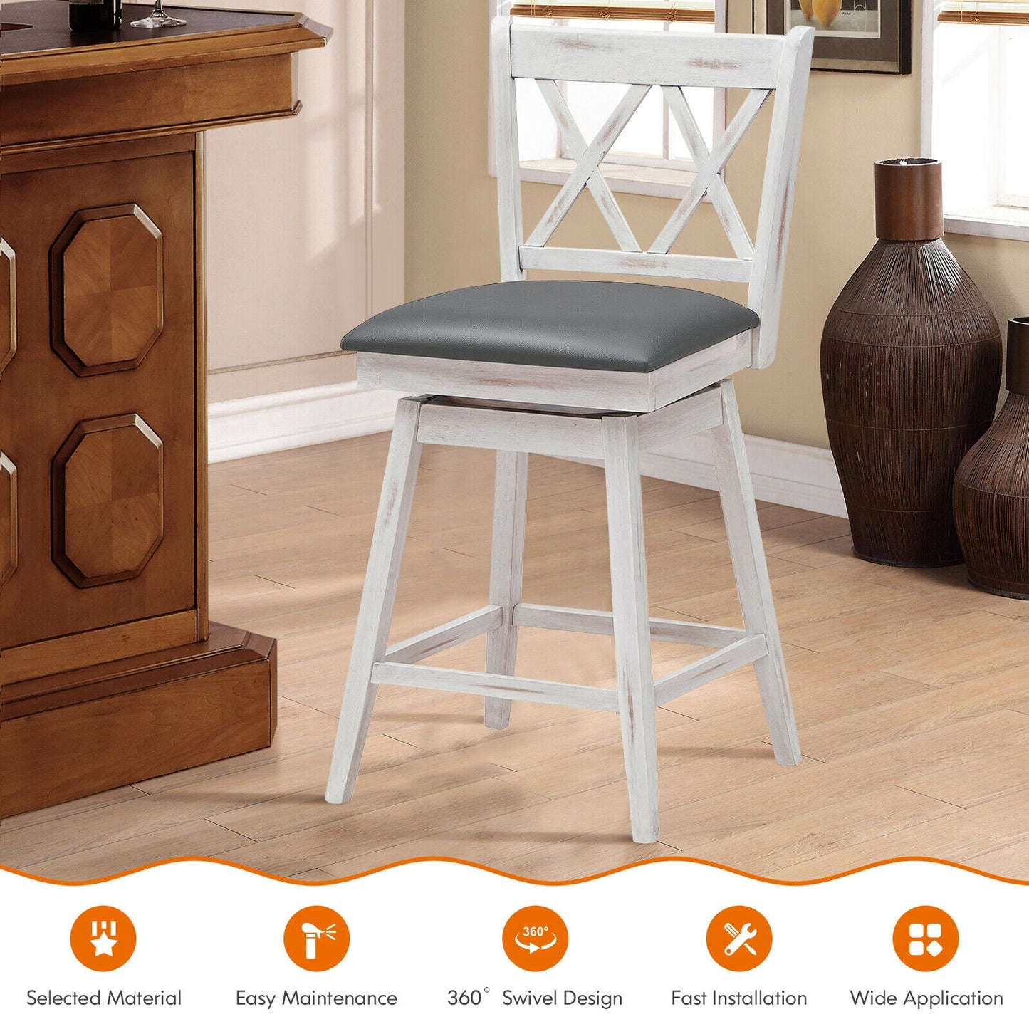 Counter Height Bar Stools Set of 2 with 24 Inch Swivel Seat and White Rubber Wood Frame