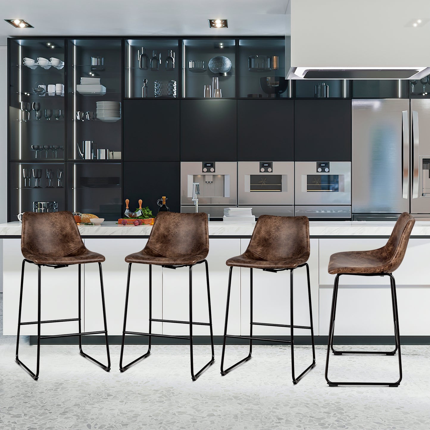 Set of 2 Faux Suede Upholstered Bar Stools with Curved Backrest in Brown