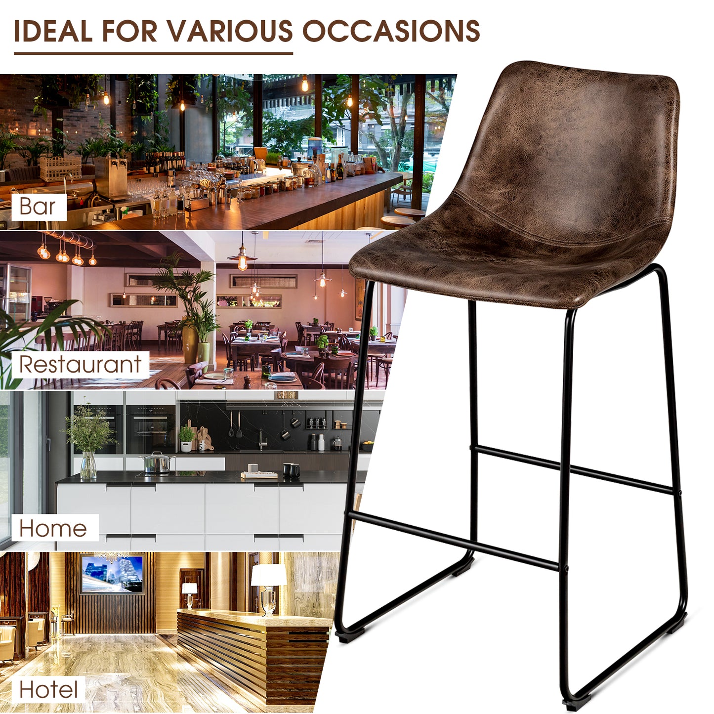 Set of 2 Faux Suede Upholstered Bar Stools with Curved Backrest in Brown