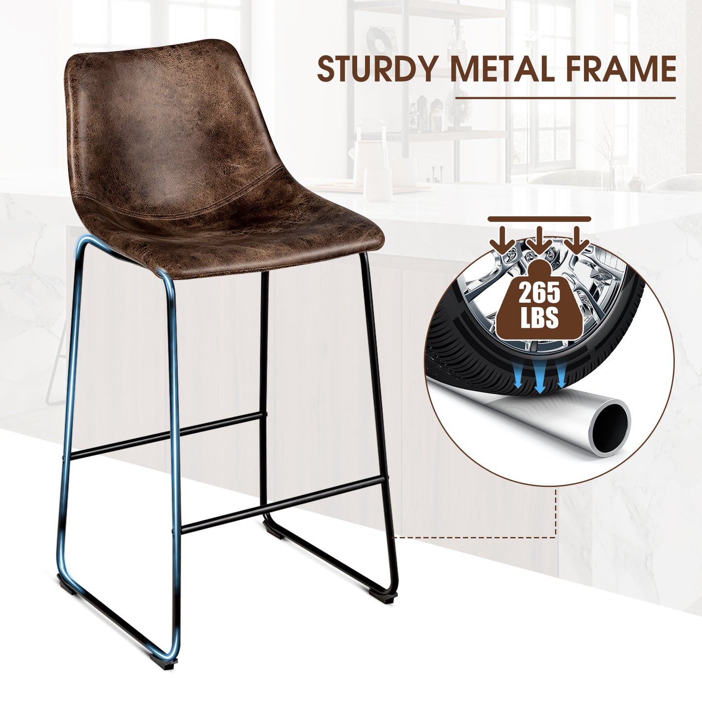 Set of 2 Faux Suede Upholstered Bar Stools with Curved Backrest in Brown