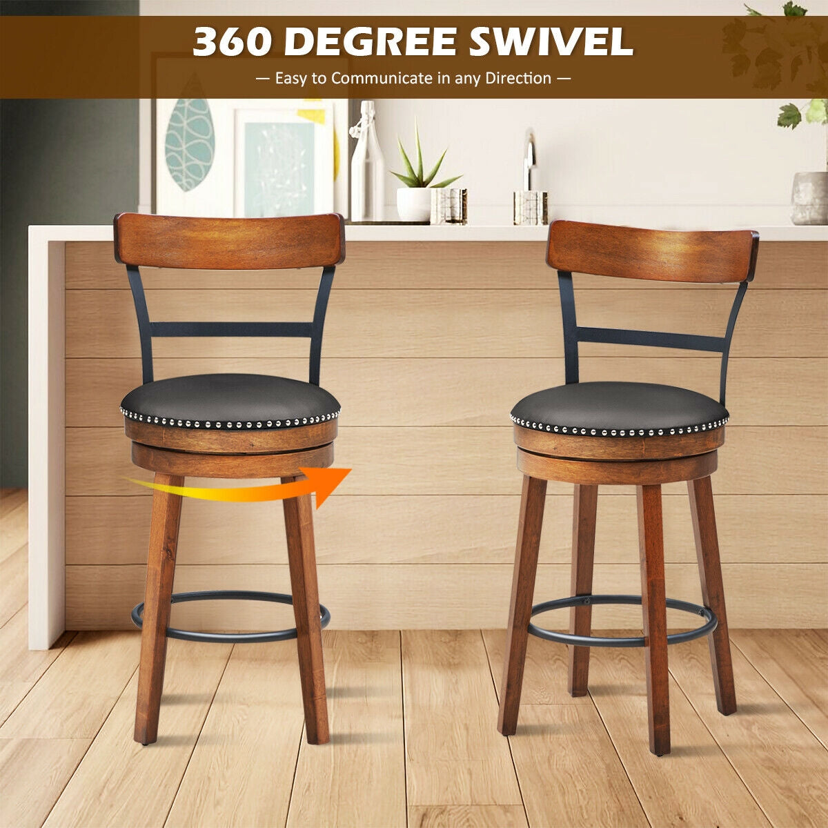 Swivel Bar Stools with 360 Degree Rotation and Padded Leather Seat
