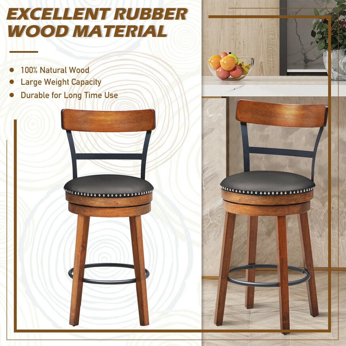 Swivel Bar Stools with 360 Degree Rotation and Padded Leather Seat