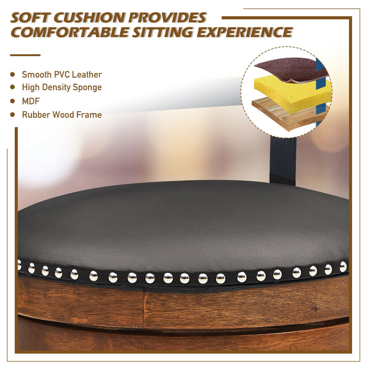 Swivel Bar Stools with 360 Degree Rotation and Padded Leather Seat