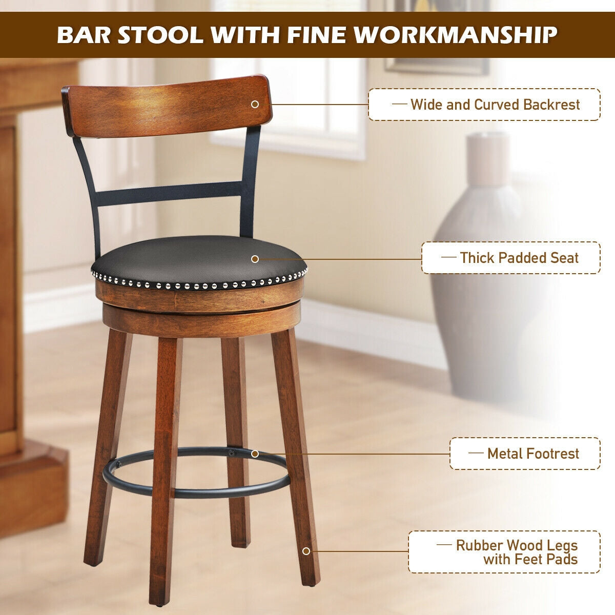 Swivel Bar Stools with 360 Degree Rotation and Padded Leather Seat