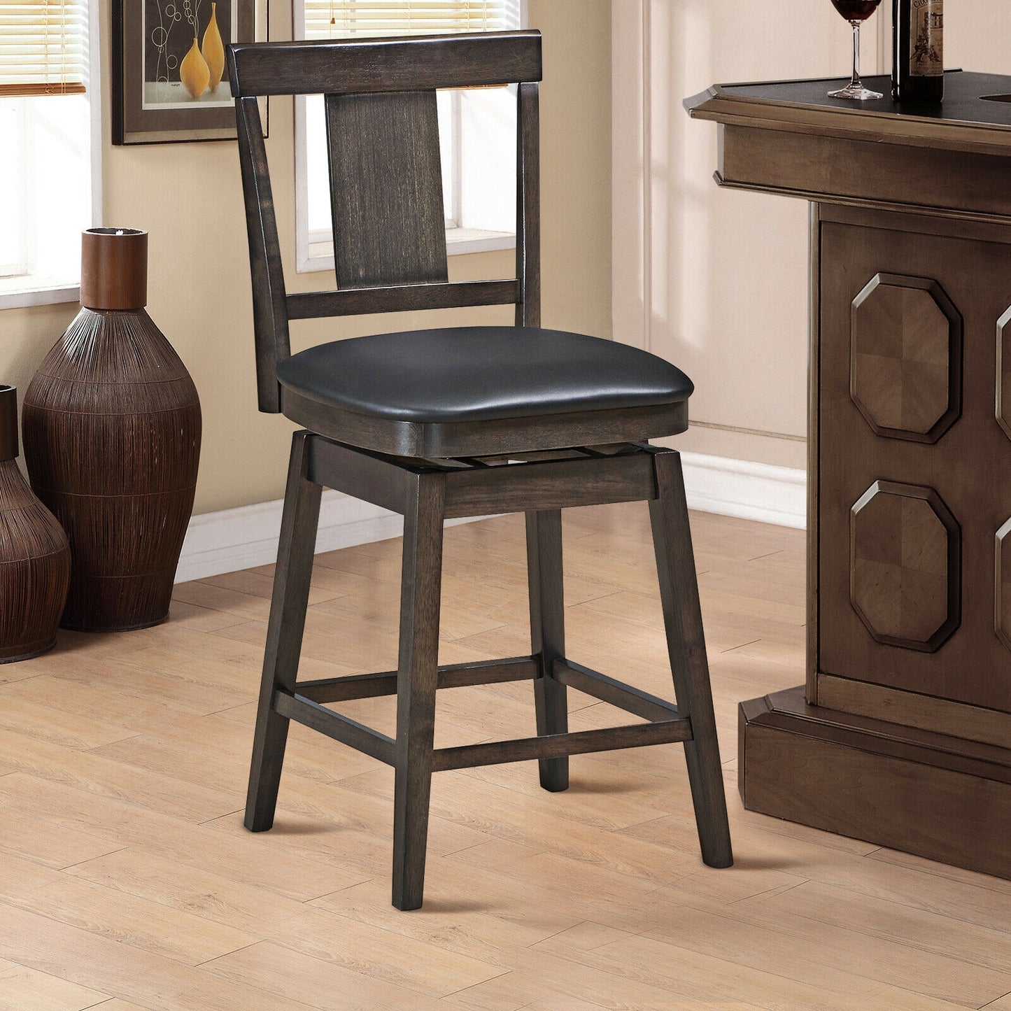 Swivel Counter Stool with Upholstered Seat and Solid Wood Legs, 24 Inch Bar Height