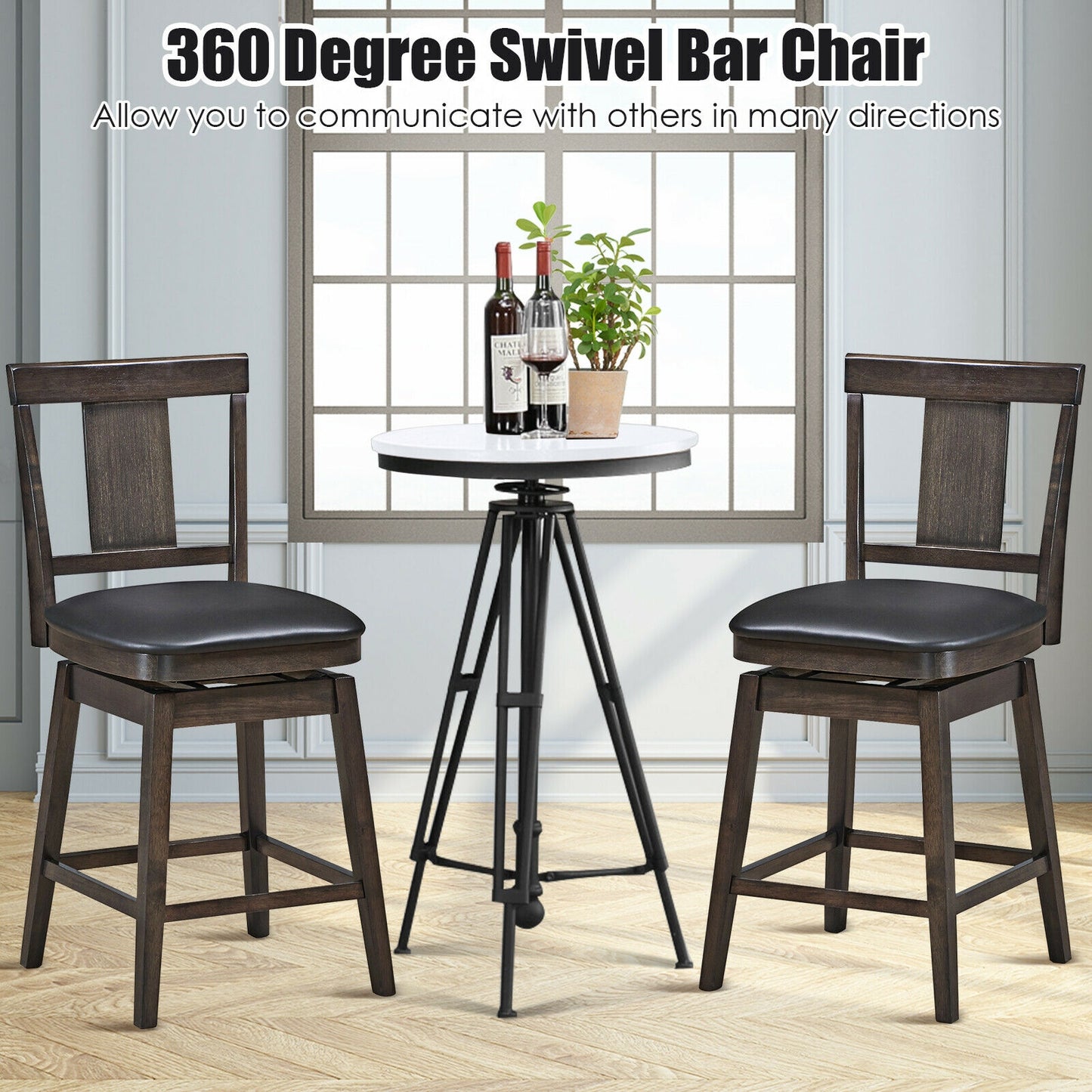 Swivel Counter Stool with Upholstered Seat and Solid Wood Legs, 24 Inch Bar Height