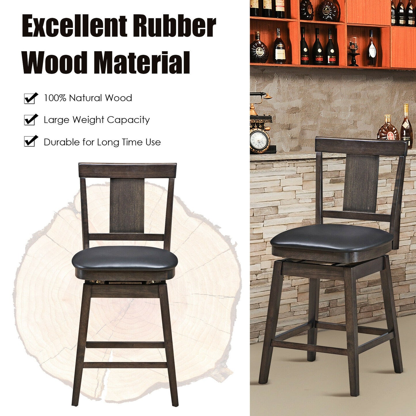 Swivel Counter Stool with Upholstered Seat and Solid Wood Legs, 24 Inch Bar Height