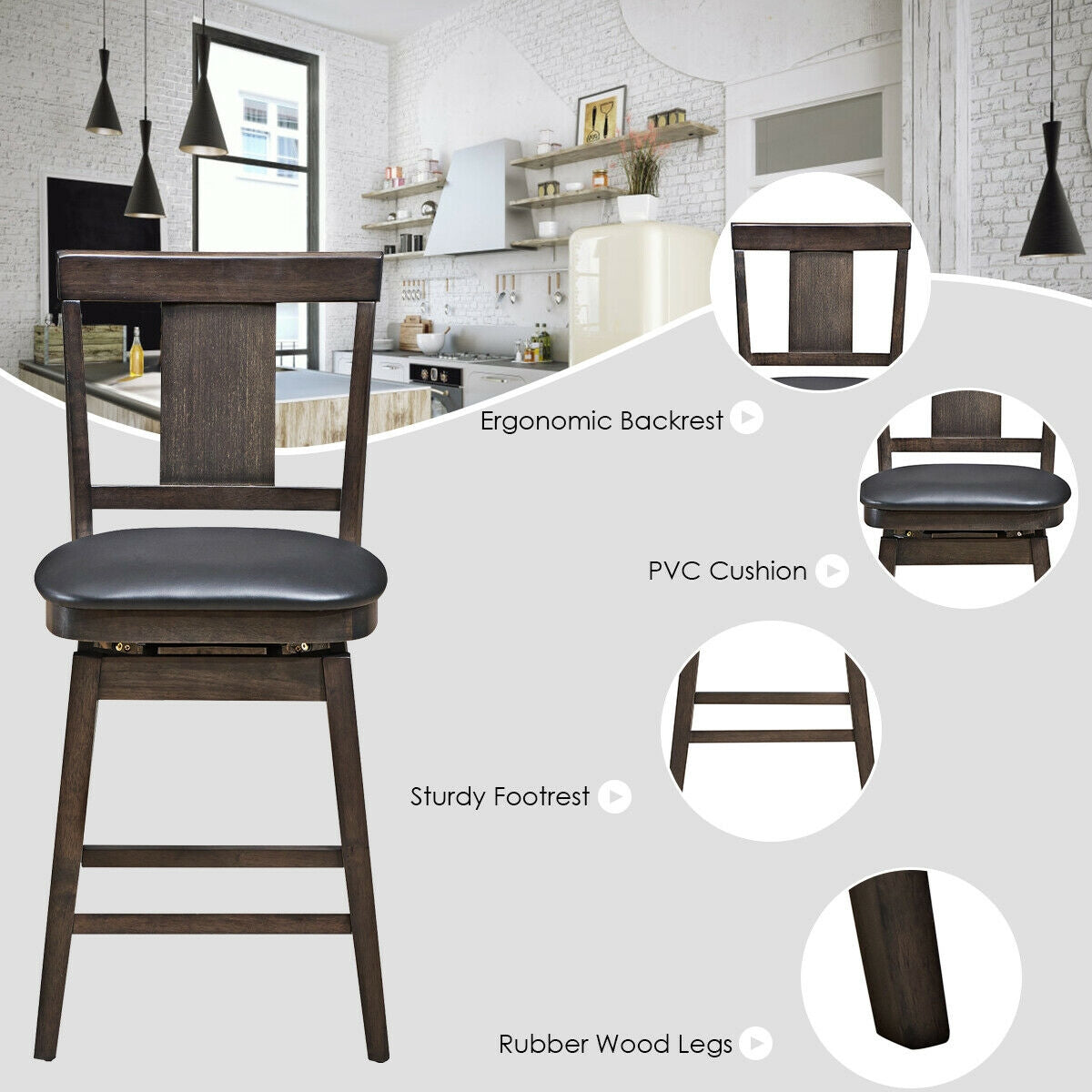 Swivel Counter Stool with Upholstered Seat and Solid Wood Legs, 24 Inch Bar Height