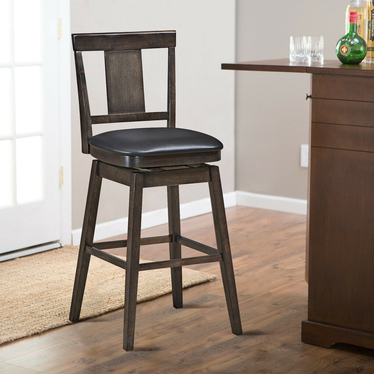 Swivel Counter Stool with Upholstered Seat and Solid Wood Legs, 29 Inch Bar Height