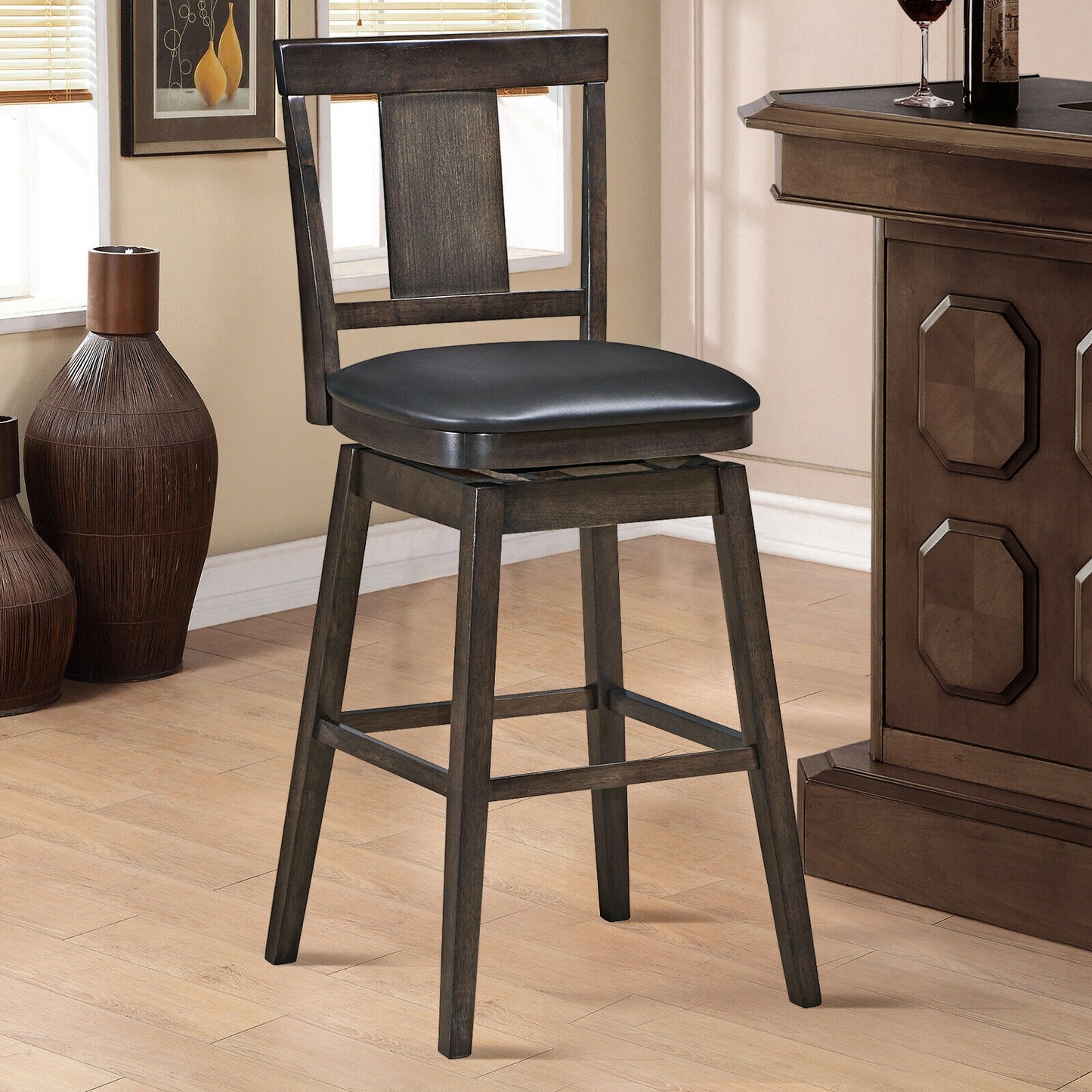 Swivel Counter Stool with Upholstered Seat and Solid Wood Legs, 29 Inch Bar Height