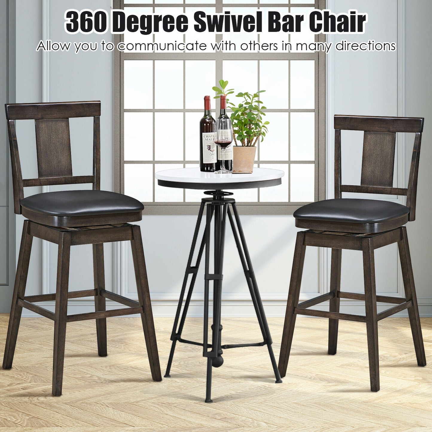 Swivel Counter Stool with Upholstered Seat and Solid Wood Legs, 29 Inch Bar Height