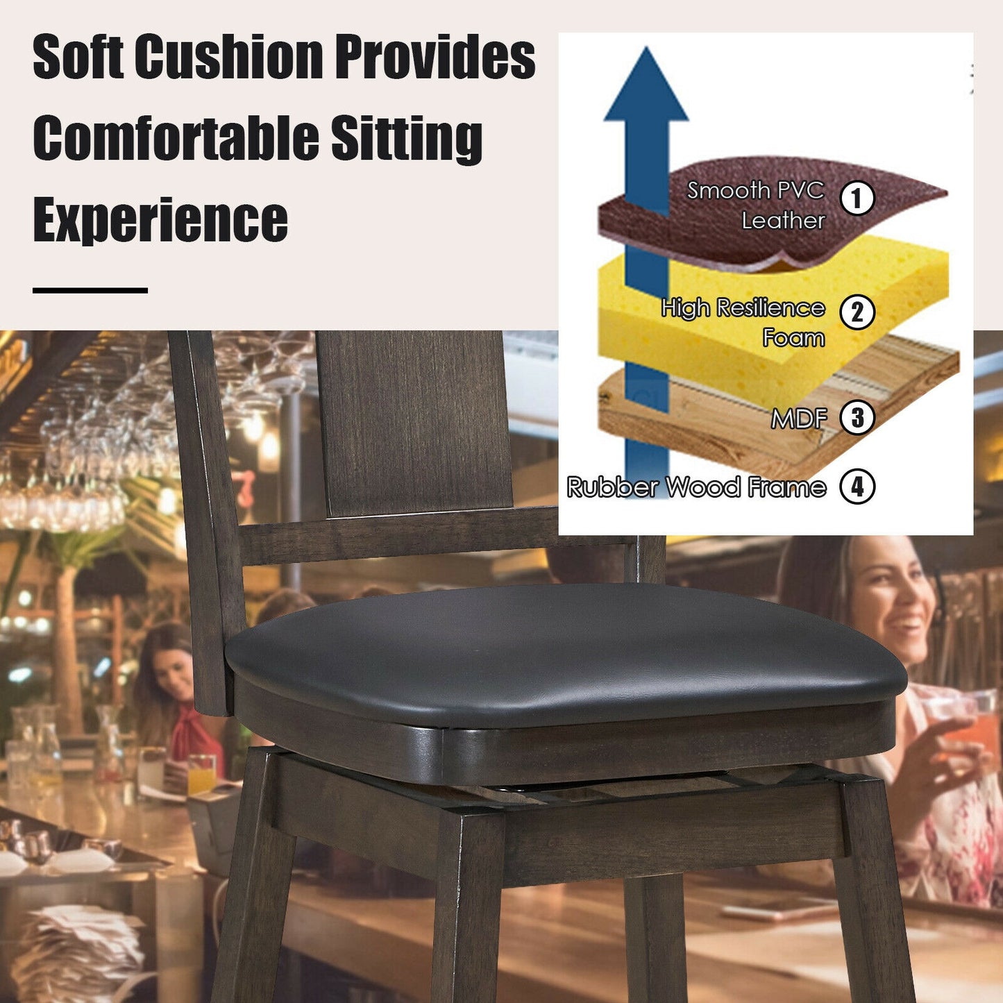 Swivel Counter Stool with Upholstered Seat and Solid Wood Legs, 29 Inch Bar Height