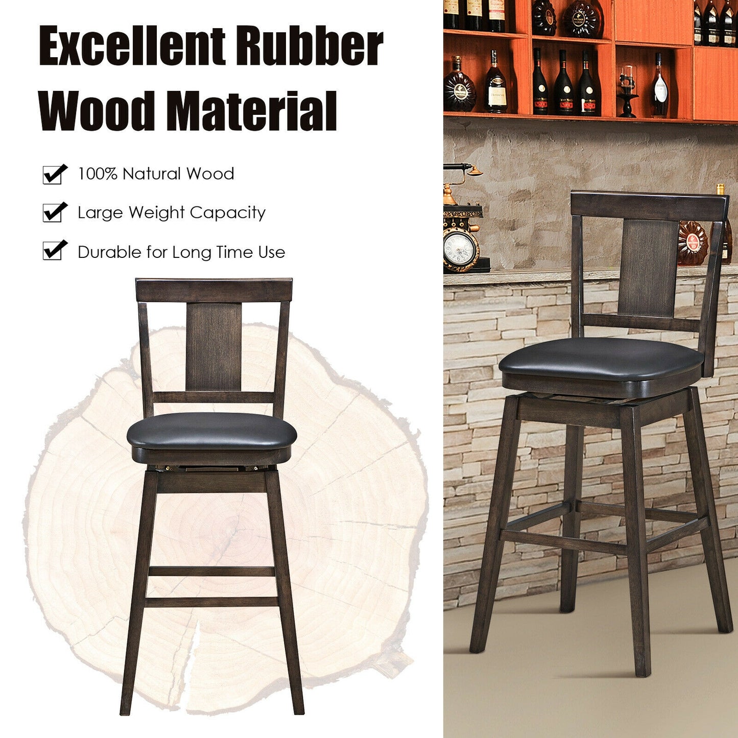 Swivel Counter Stool with Upholstered Seat and Solid Wood Legs, 29 Inch Bar Height