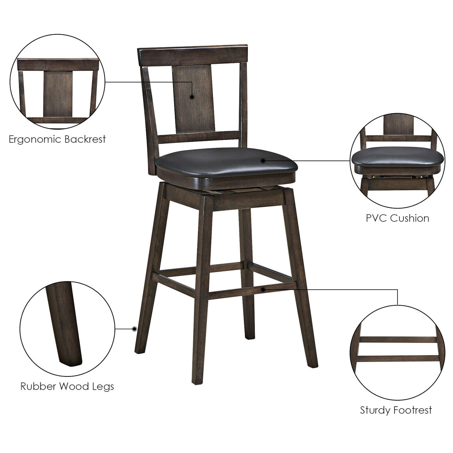 Swivel Counter Stool with Upholstered Seat and Solid Wood Legs, 29 Inch Bar Height