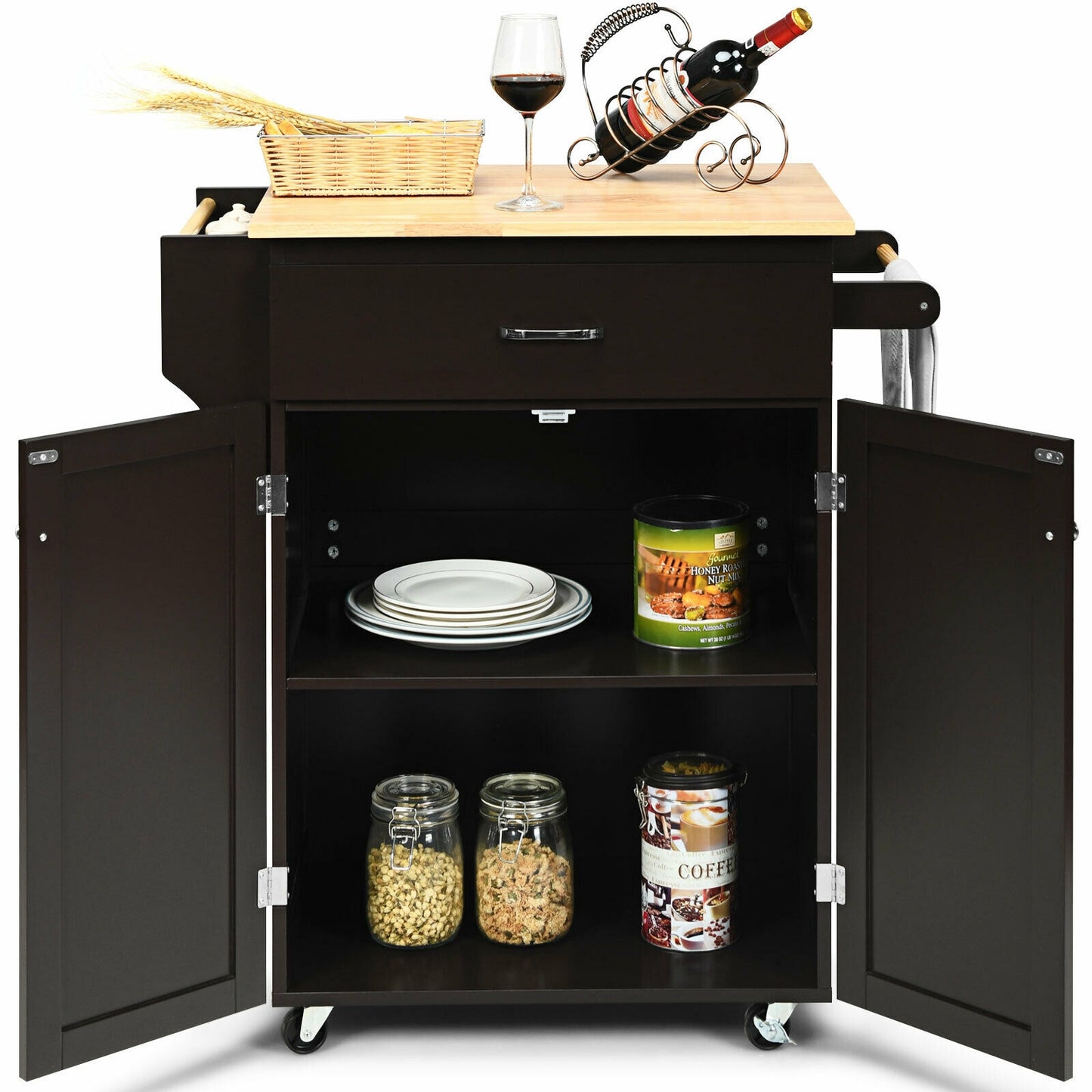 Rolling Kitchen Island Cart with Storage Cabinet, Spice Rack, and Locking Wheels - Brown